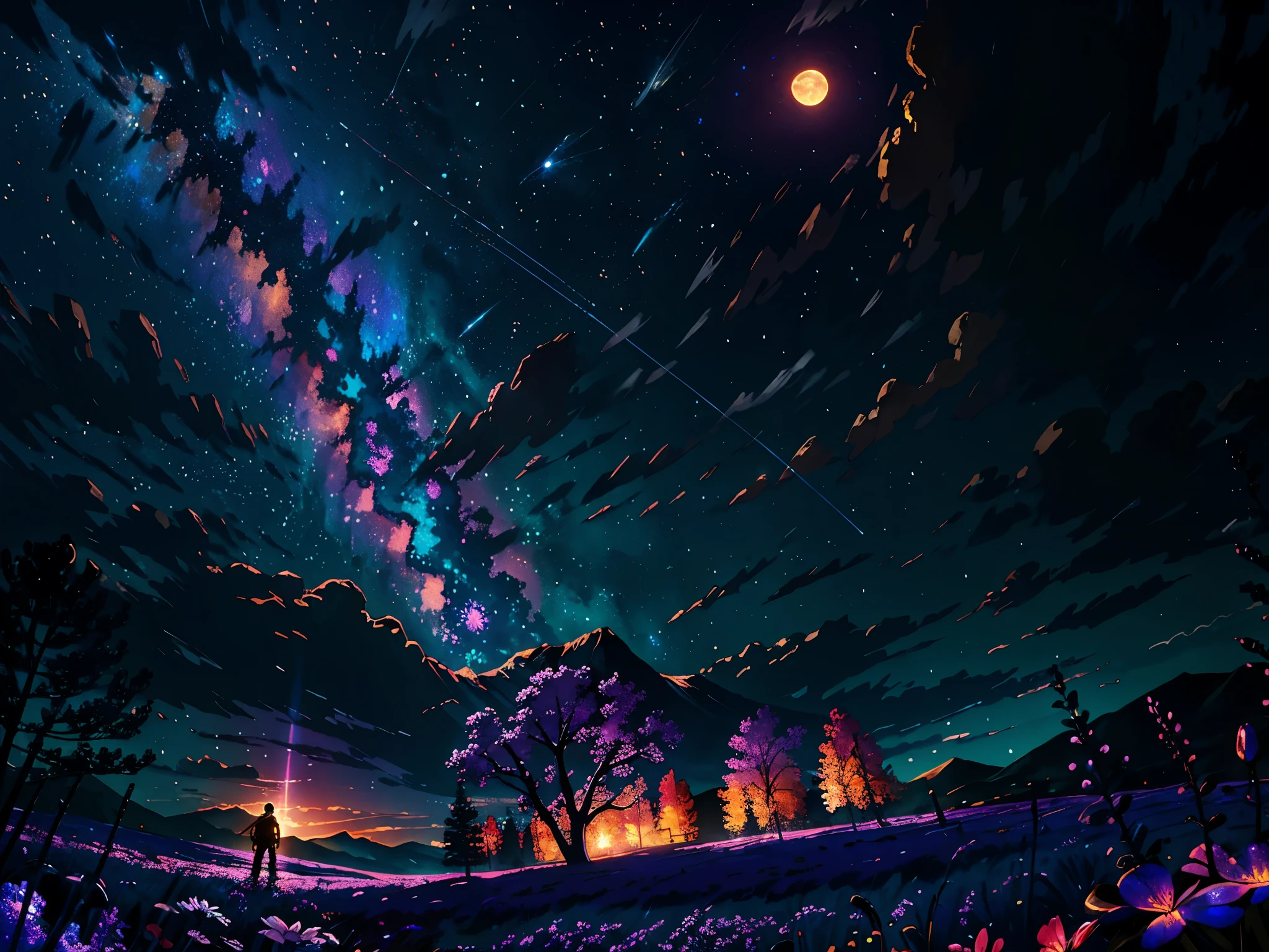 expansive landscape photograph , (a view from below that shows sky above and open field below), a hunter standing on flower field looking up, (full moon:1.2), ( shooting stars:0.9), (nebula:1.3), distant mountain, tree BREAK
production art, (warm light source:1.2), (Firefly:1.2), lamp, lot of purple and orange, intricate details, volumetric lighting BREAK
(masterpiece:1.2), (best quality), 4k, ultra-detailed, (dynamic composition:1.4), highly detailed, colorful details,( iridescent colors:1.2), (glowing lighting, atmospheric lighting), dreamy, magical, (solo:1.2)