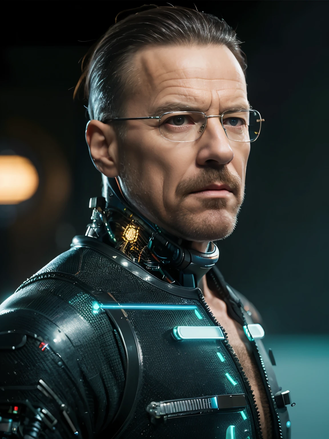 (masterpiece, highest quality, cinematic, HDR, 8k), selfie, fishe eye, extreme closeup of man, 50 years old / Walter White / action pose, wearing mech suit, bulky, intricate details, prosthetics, implants, bionic limb, dynamic lights, neon, rain, cyberpunk background, 