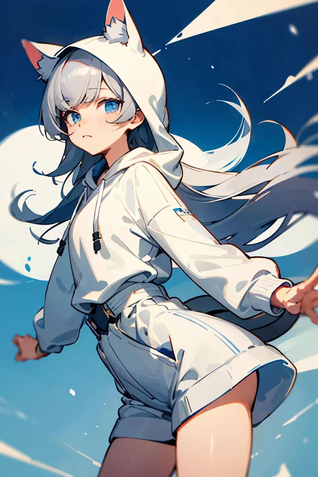 gray hair,long hair that reaches waist,white cat ears,white tail,Drooping eyes,Marume,blue eyes,white hoodie,Mr. Osomatsu,1 person