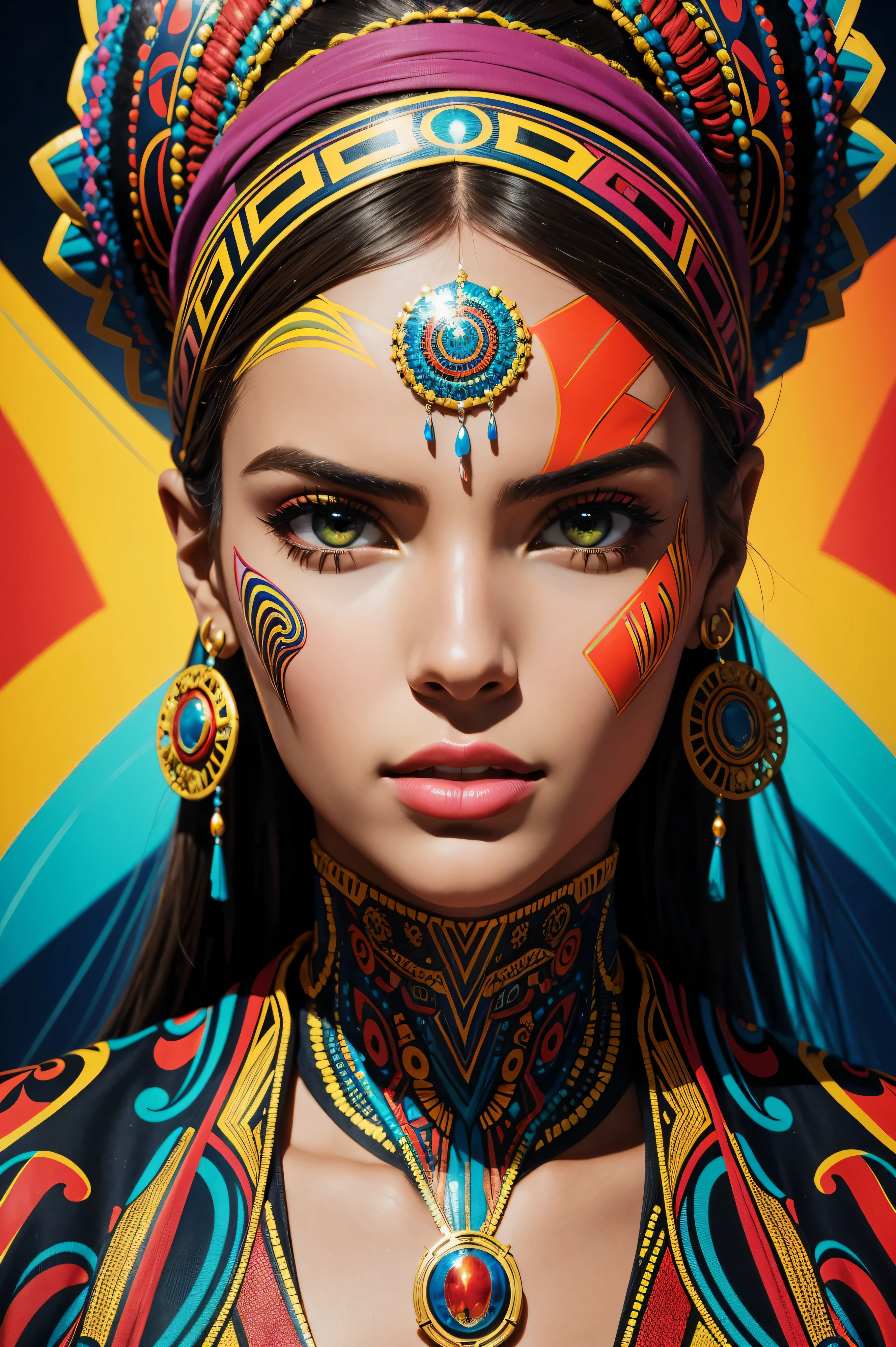 A vibrant and colorful portrait inspired by Afrofuturism. A Alessandra Ambrosio wearing an intricately patterned headscarf is depicted in a dynamic pose, exuding confidence and grace. The style draws inspiration from the works of Dmitri Danish and Rhads, showcasing bold and expressive brushstrokes. The image is filled with vivid and contrasting colors, creating a visually striking composition. The lighting adds depth and dimension, accentuating the subject's features and creating an engaging atmosphere. --ar 1:1