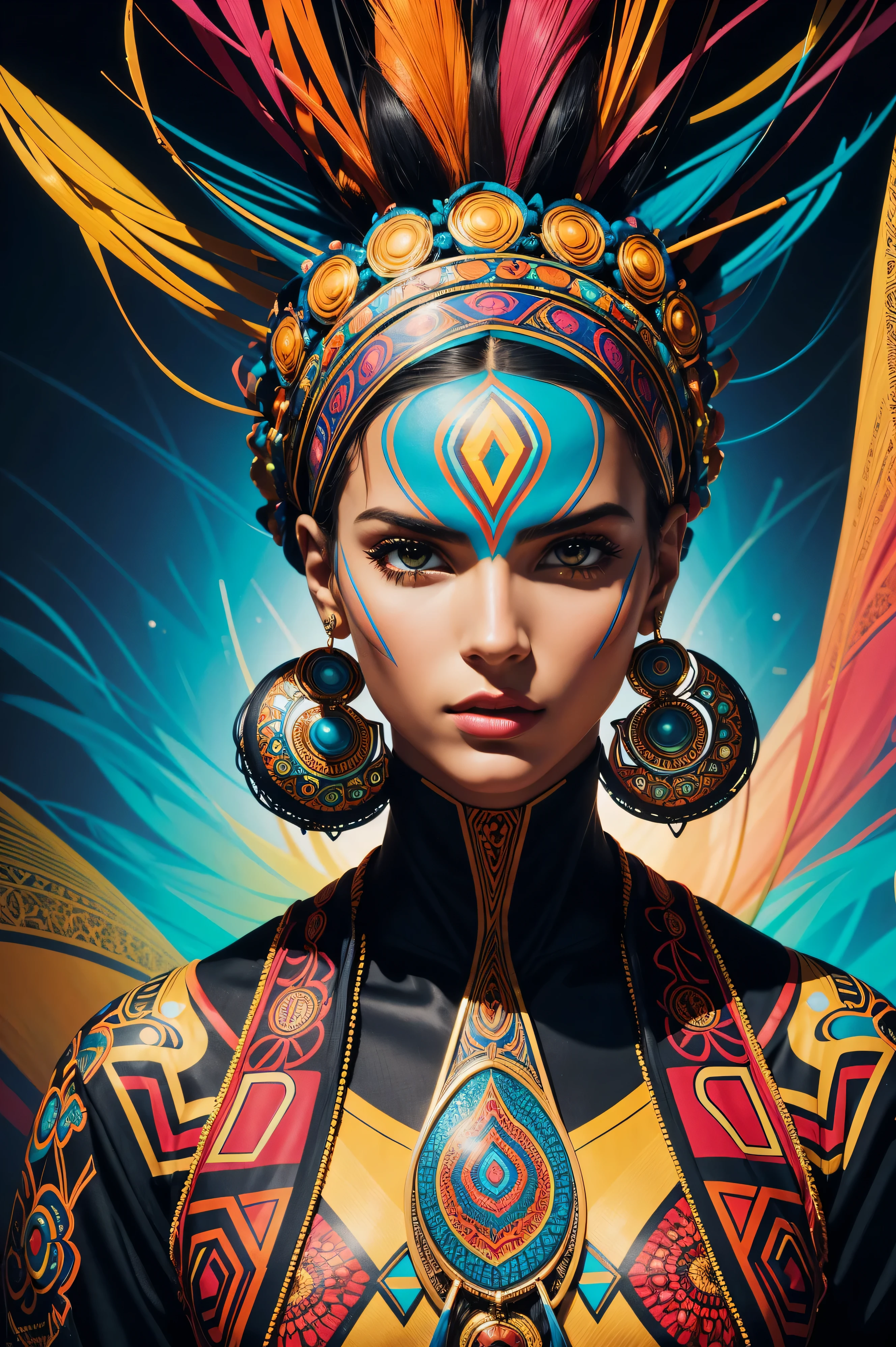 A vibrant and colorful portrait inspired by Afrofuturism. A Alessandra Ambrosio wearing an intricately patterned headscarf is depicted in a dynamic pose, exuding confidence and grace. The style draws inspiration from the works of Dmitri Danish and Rhads, showcasing bold and expressive brushstrokes. The image is filled with vivid and contrasting colors, creating a visually striking composition. The lighting adds depth and dimension, accentuating the subject's features and creating an engaging atmosphere. --ar 1:1