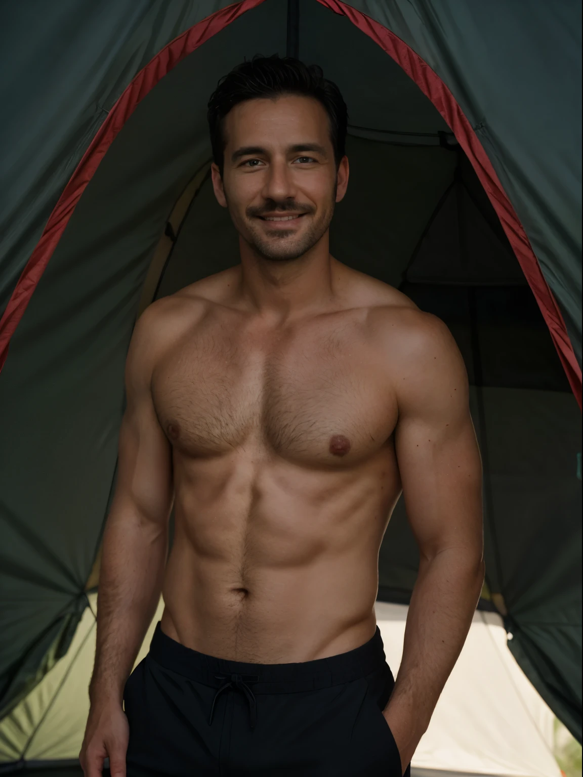masterpiece, best quality, high resolution, closeup portrait, male focus, solo focus, a man, hiker, 35 years old, bare chest, dimples, pretty face, attractive, cute smirk, short trimmed mustache and goatee, hairy legs, in a tent, in the background a tent, amazing composition, front view, HDR, volumetric lighting, ultra quality, elegant, highly detailed, seductive smirk, smile, horny
