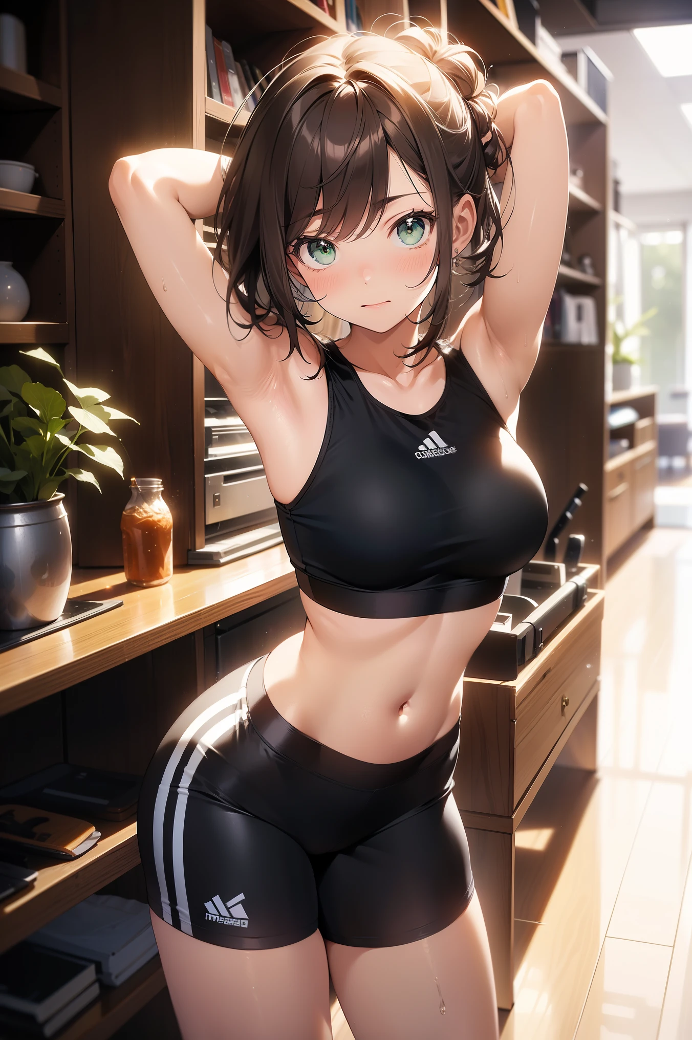 tmasterpiece,Highest high resolution,8k wallpaper,Highest drawing quality,1girll,Solo,Brown hair long,Green eyes21--old lege student_C cup,Modern architecture, On The Home,Girl doing exercise on yoga mat_Girls do flexibility exercises,Wear a sexy white sports vest_Black sports shorts,