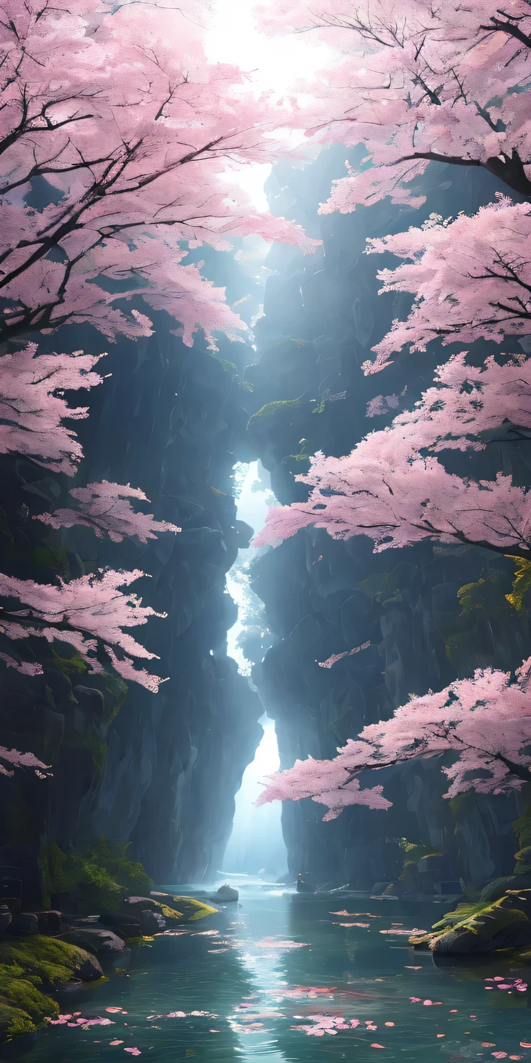 エキゾチックな花や植物でいっぱいの密集したジャングルの詳細でComplexデジタルイラスト, Sunlight penetrates the canopy creating a dappled effect. Amano/Miyazaki style, cherry blossoms are blooming、lots of petals、pink、masterpiece,highest quality、 chest proportions, big stone in the middle of water, beautiful lighting, realistic, Complex, award-winning, 4K, highest quality award-winning, 4K digital painting in the style of Yoshitaka Amano. A detailed and Complex depiction of the zombie apocalypse, Subtly captures the chaos and drama on the scene.. beautiful lightingと映画のような構成がこの作品を真のmasterpieceにしています, Popular at Art Station