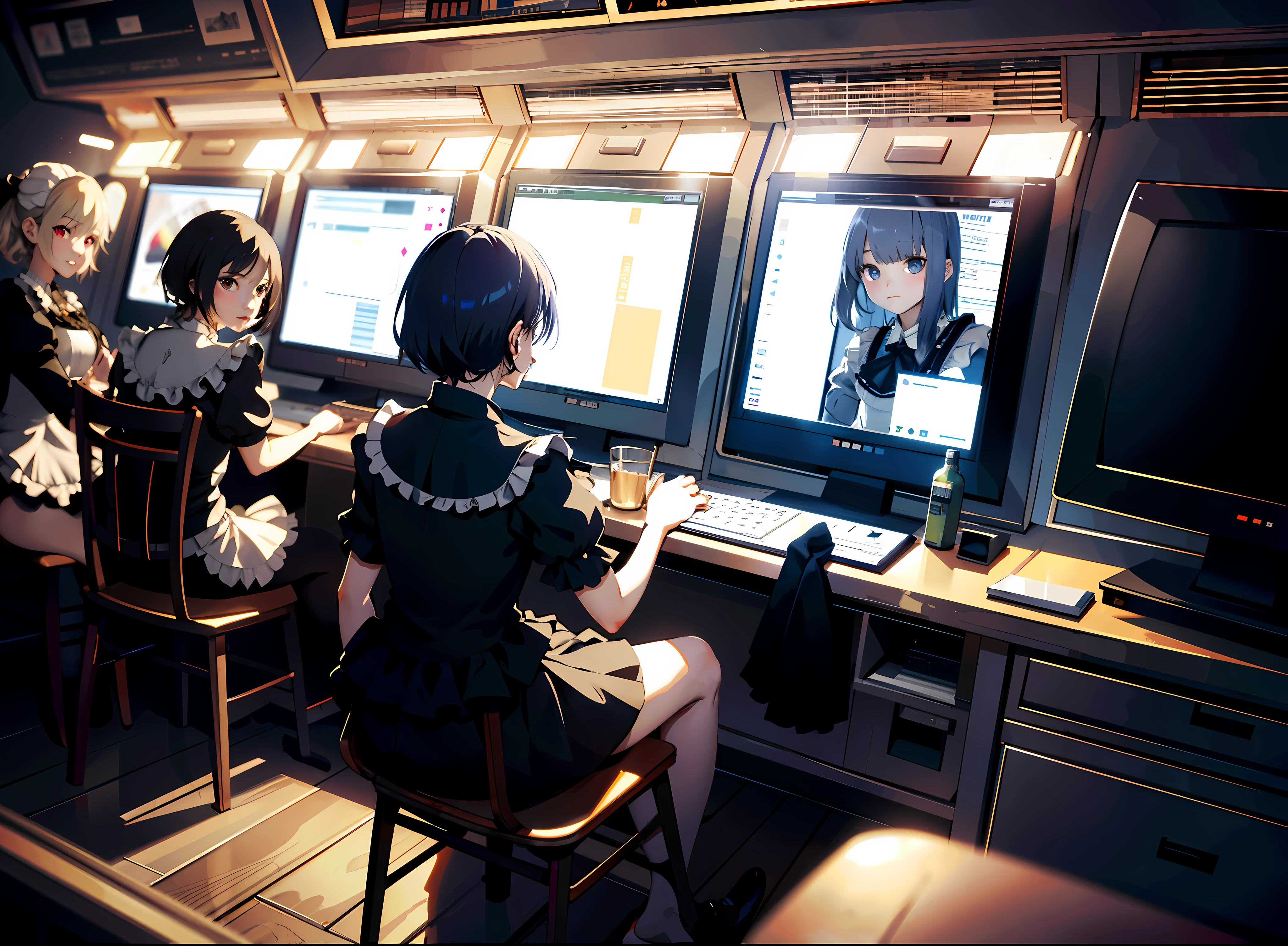 (masterpiece:1.2), best quality, high resolution, The original, (Very detailed:1.2), Super detailed, wallpaper, perfect lighting,(Very detailed CG:1.2), 8k, anime illustration, 1 girl, short hair, dark blue hair, (ta fashion, maid customs, knee length dress, Ruffled hem:1.2), detailed gown, Back view, back corner, playing games in Game Center, Game Center, indoor, Game CG, Unified 4K
