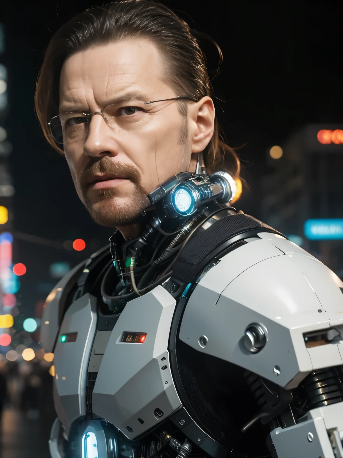 (masterpiece, highest quality, cinematic, HDR, 8k), selfie, fishe eye, extreme closeup of man, 50 years old / Walter White / action pose, wearing mech suit, intricate details, prosthetics, implants, bionic limb, cyberpunk background, 