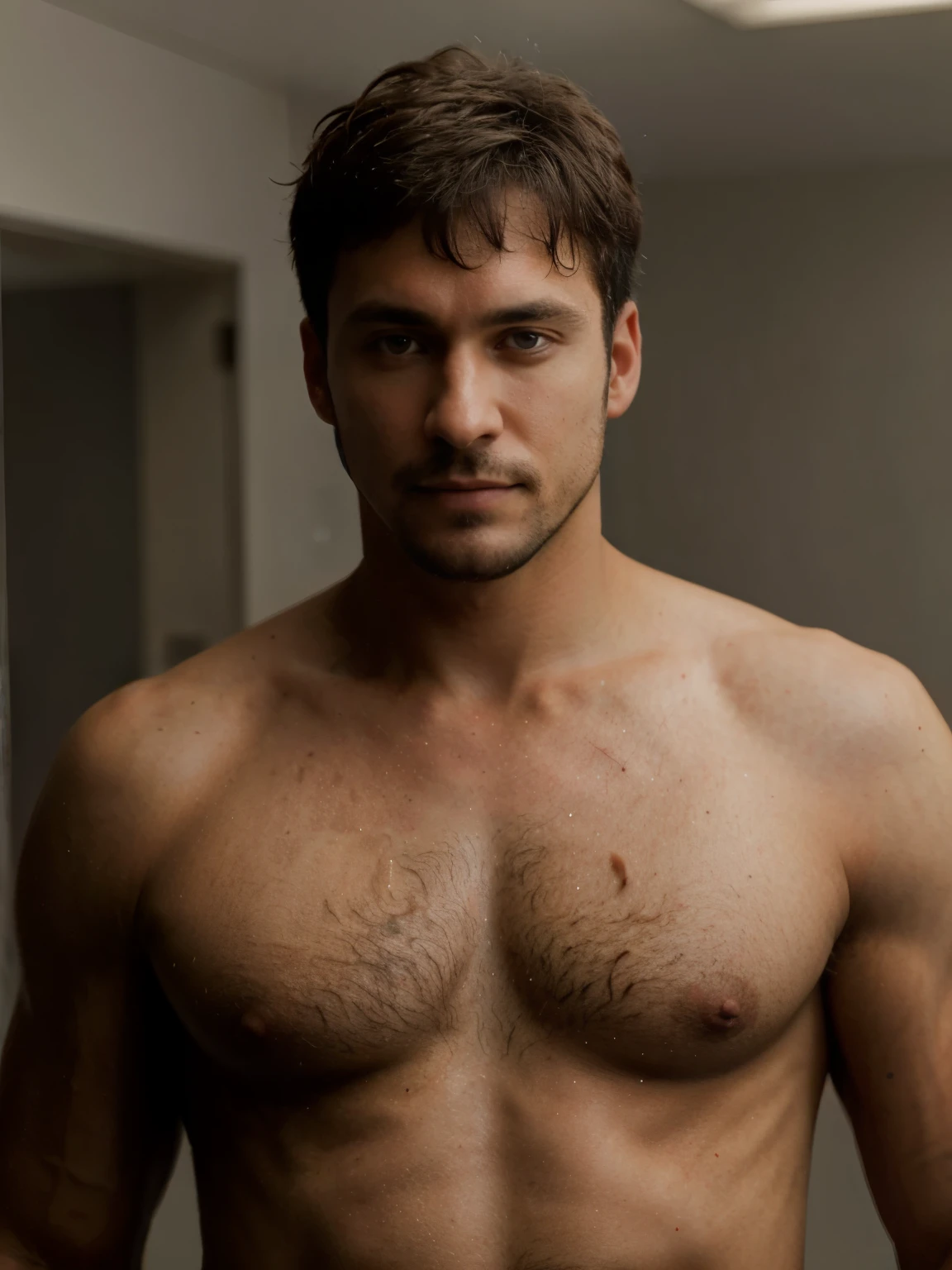 masterpiece, best quality, high resolution, closeup portrait, male focus, solo focus, A man, with doctor clothes, bare chest, body hair, facial hair, goatee, messy short hair, very hairy body , skinny , in the background a doctor office, amazing composition, front view, HDR, ultra quality, elegant, highly detailed, seductive smirk, dominant pose
