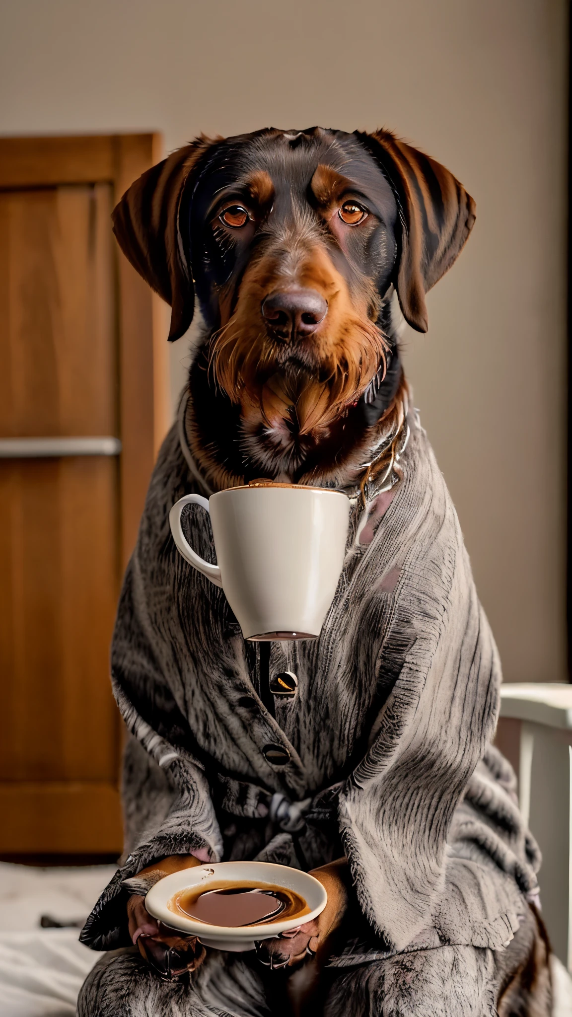 (best quality:1.23), (masterpiece:1.12), (realistic:1.24), (anthropomorphic dog:1.5) holding a coffee cup, Drahthaar sitting, in home dressing gown, eating breakfast and holding a coffee cup, hat, particles, volumetric lighting, room burn down, ground and chair on fire, lots of gadgets and equipment on gown, croissants, (plates, spoons, cutlery), photorealistic, (anthropomorphic Drahthaar dog:1.5)
