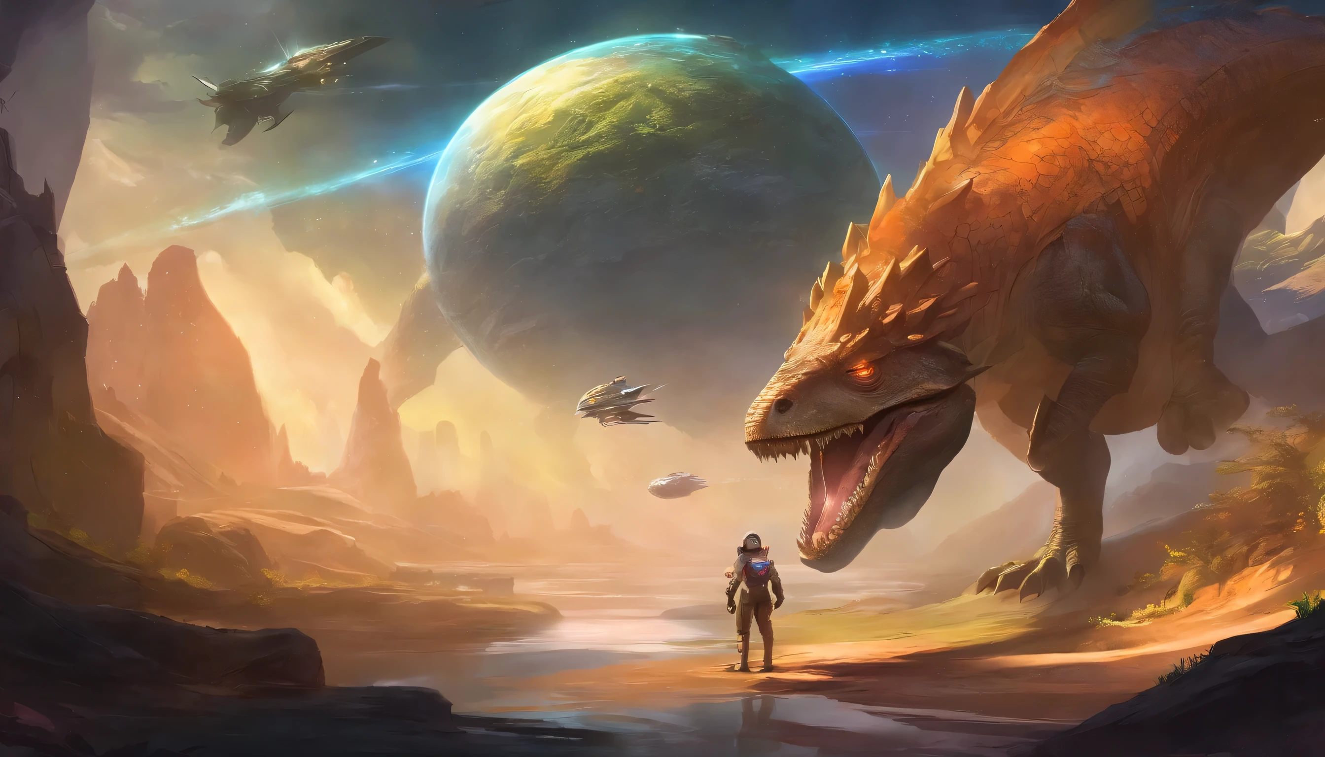Dive into the realm of sci-fi illustrations as the spaceship and dinosaur continue their odyssey. Embrace the futuristic elements, drawing inspiration from sci-fi art, and showcase the characters as they navigate through cosmic wonders and unknown territories.