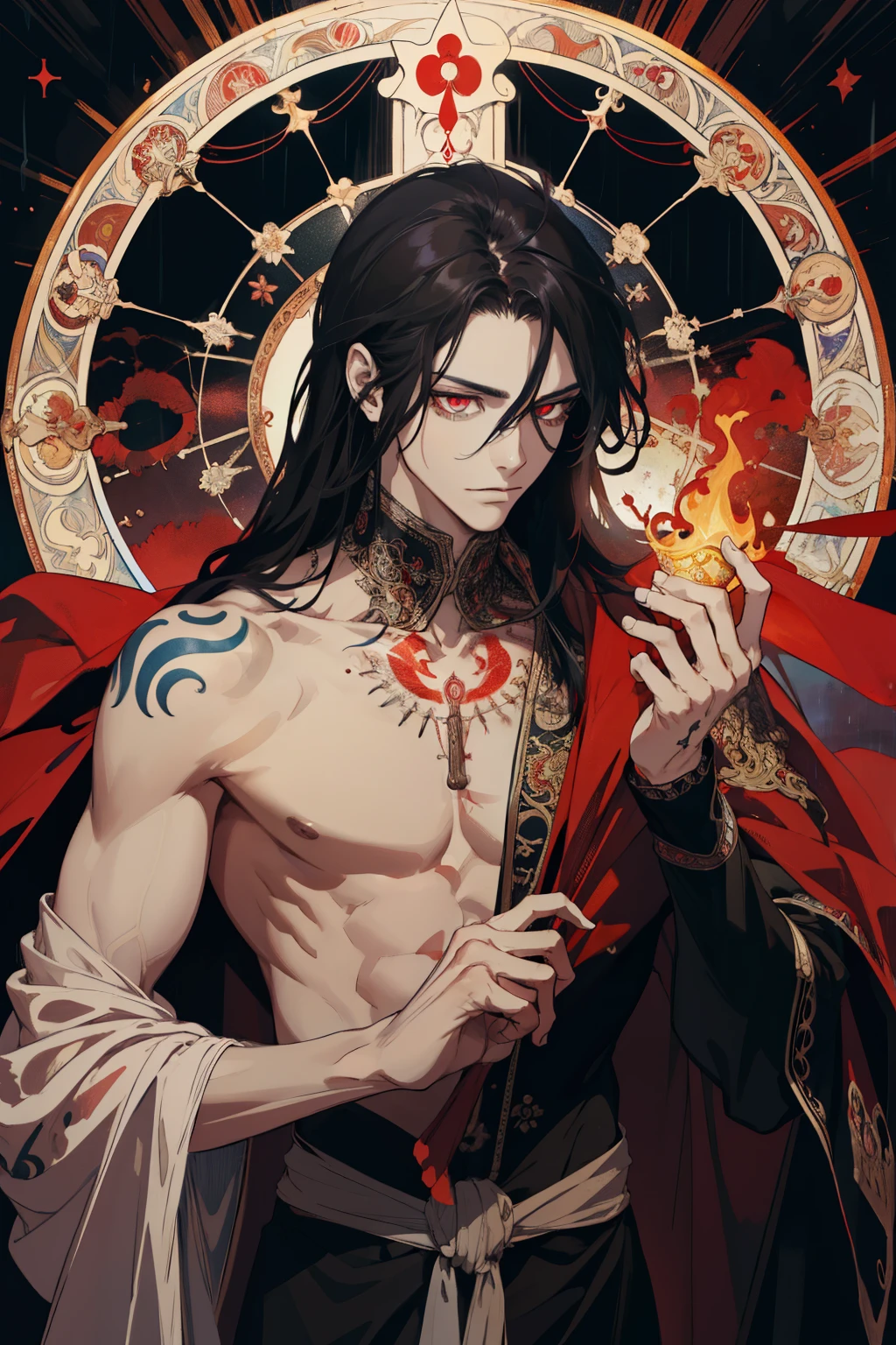 (absurdity, a high resolution, too detailed), 1 person, adult, Dearest, tall muscular guy, broad shoulders, detailed eyes and detailed face, beating magic, Winding flame, (masterpiece, side light, Beautiful beautiful eyes: 1.2), HDR, (glowing red eyes)), (glowing tattoo), Beautiful длинноволосый мужчина, Black hair, musculature, rain, Beautiful, facing the camera, masterpiece fool \tarot\, bard, clown, Symbolism, art, occultism, Universal, Vision Casting, Philosophical, Iconography, Divination by numbers, Popularity, art, by Alphonse Mucha, rich and beautiful clothes in red, black and white