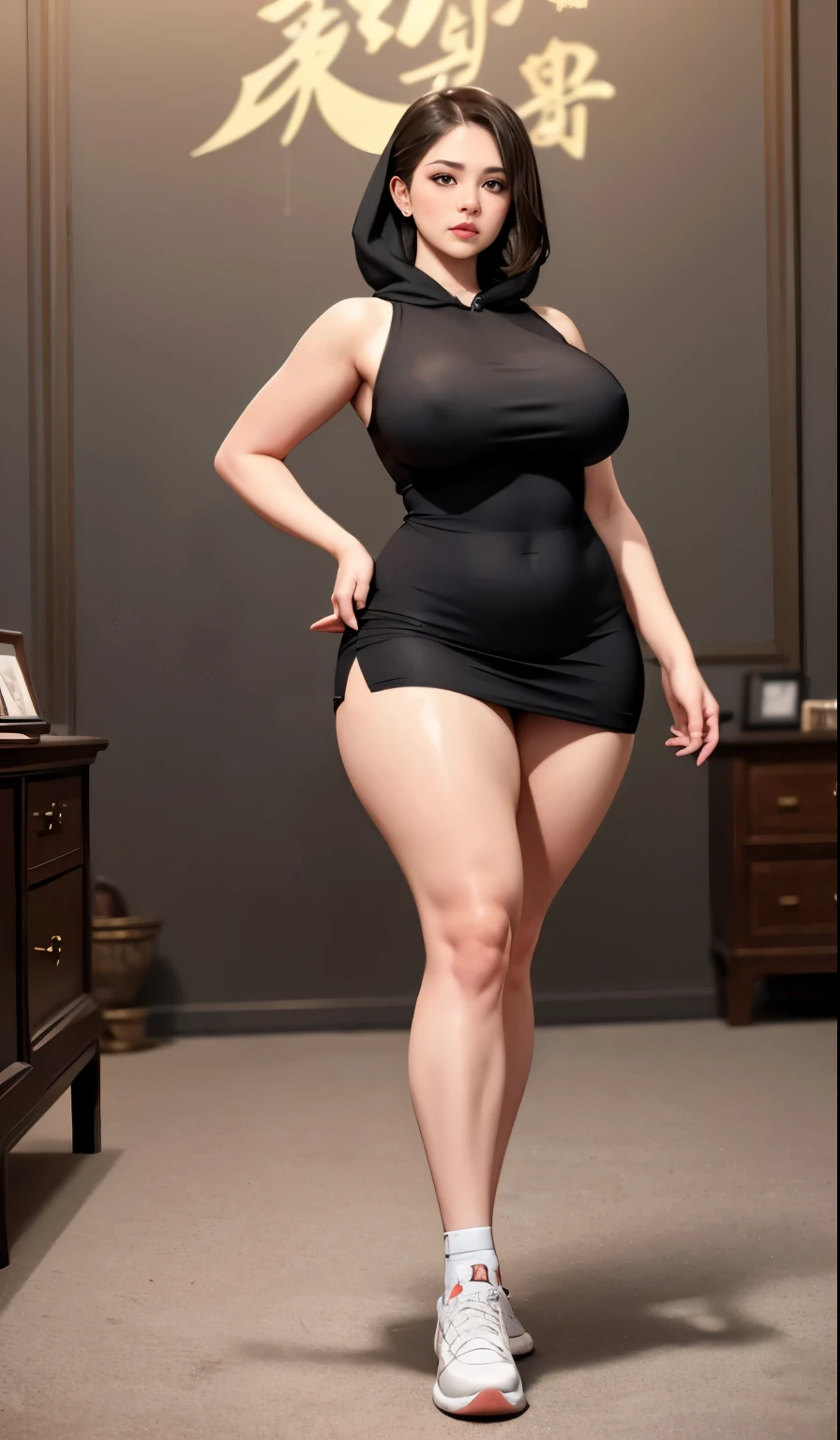 ((best quality)), ((masterpiece)), (detailed), perfect face, Beautiful, mother-in-law, asian-Indonesian , voluptuous, Transparent midi dress with hooded , In the black room, seductive expression, chubby body, nice body, milf chubby, chinese-Indonesian. Full body, big arm, wide hips , wearing a sneakers, bob hairstyle, , chubby cheeks, 45 year old, chubby tall woman, chubby thighs
