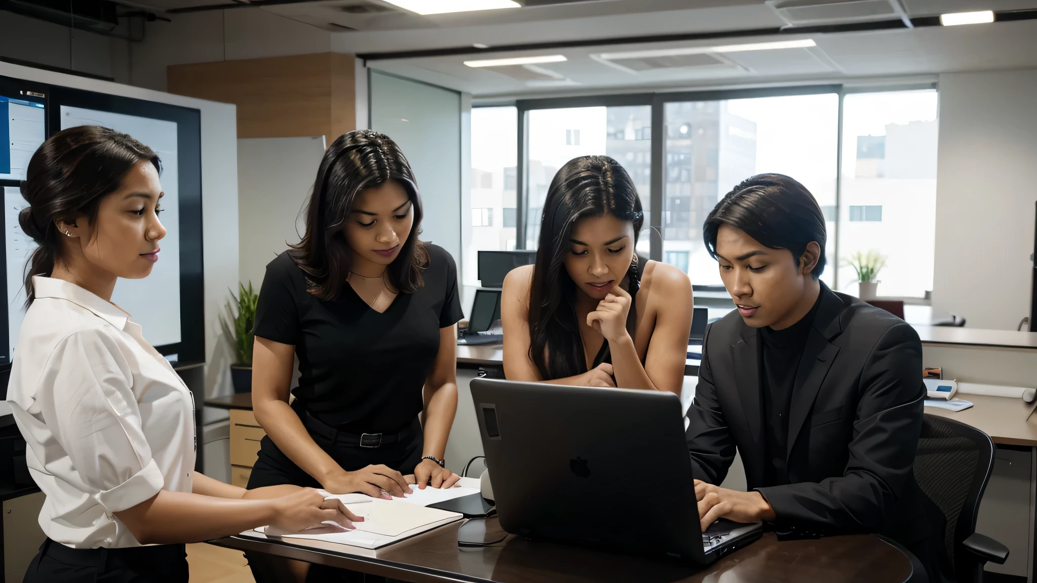 Multicultural team discussing on laptops in modern office, Demonstrates teamwork and cooperation.
