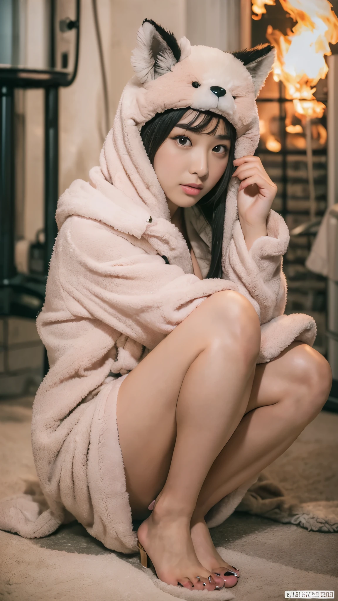 ((best quality, 8k firebox, masterpiece:1.4)), (23 year old woman), ((very small face:1.3)), (glowing skin:1.4), (huge cleavage tits:1.3), Highly detailed face and skin texture, detailed eyes, (Layered hair:1.4), (short black bathrobe:1.4), (sit with legs apart), (She's wearing stockings on her pretty legs.), 1 woman, (sitting on huge pink bed:1.3),