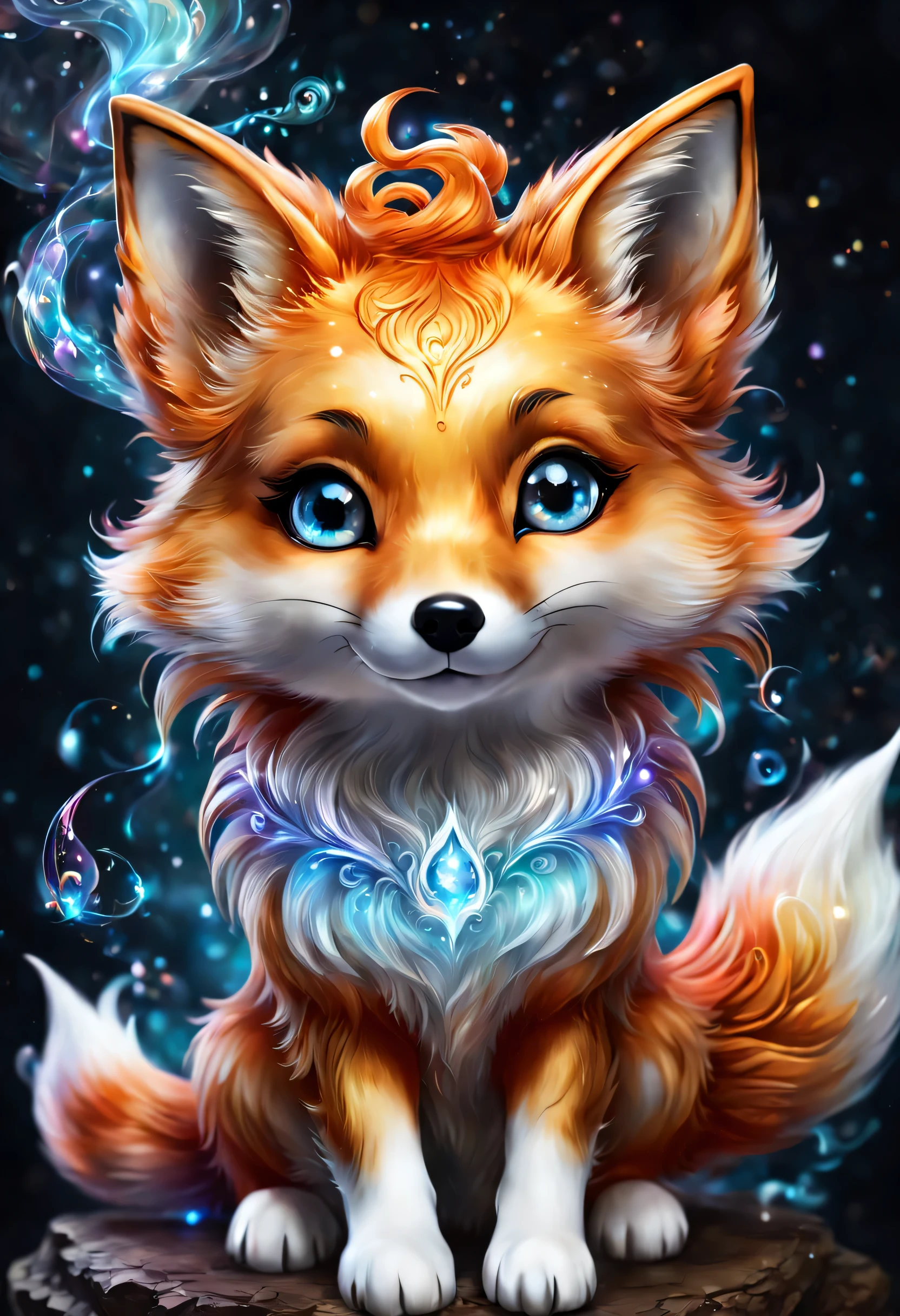 Magical creatures, cute chibi fox, magic fox, Fox with magic aura and white smoke, round eyes, (masterpiece), (highest quality), (Ultra high detail)