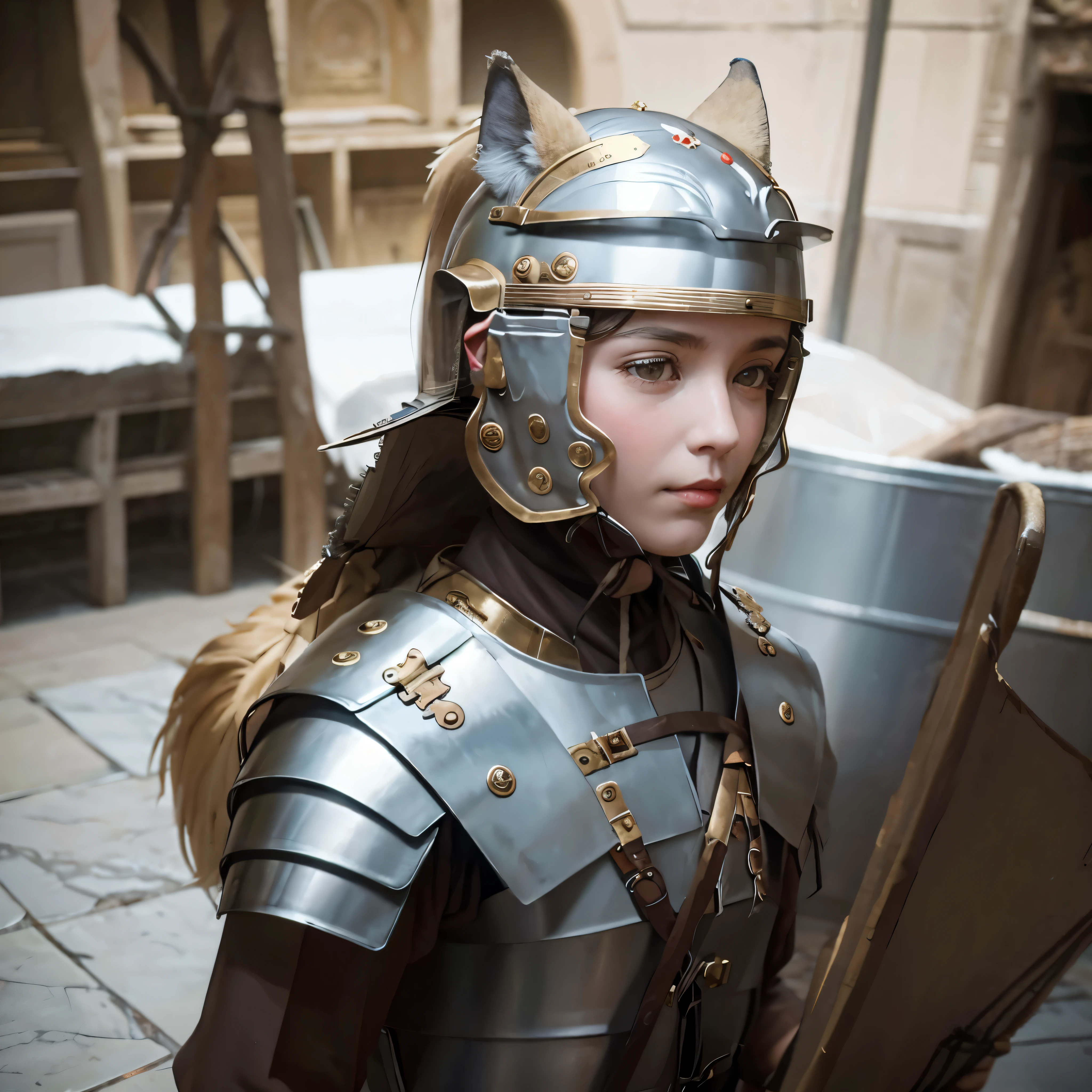 One female Roman soldier wears a wolf skin helmet..