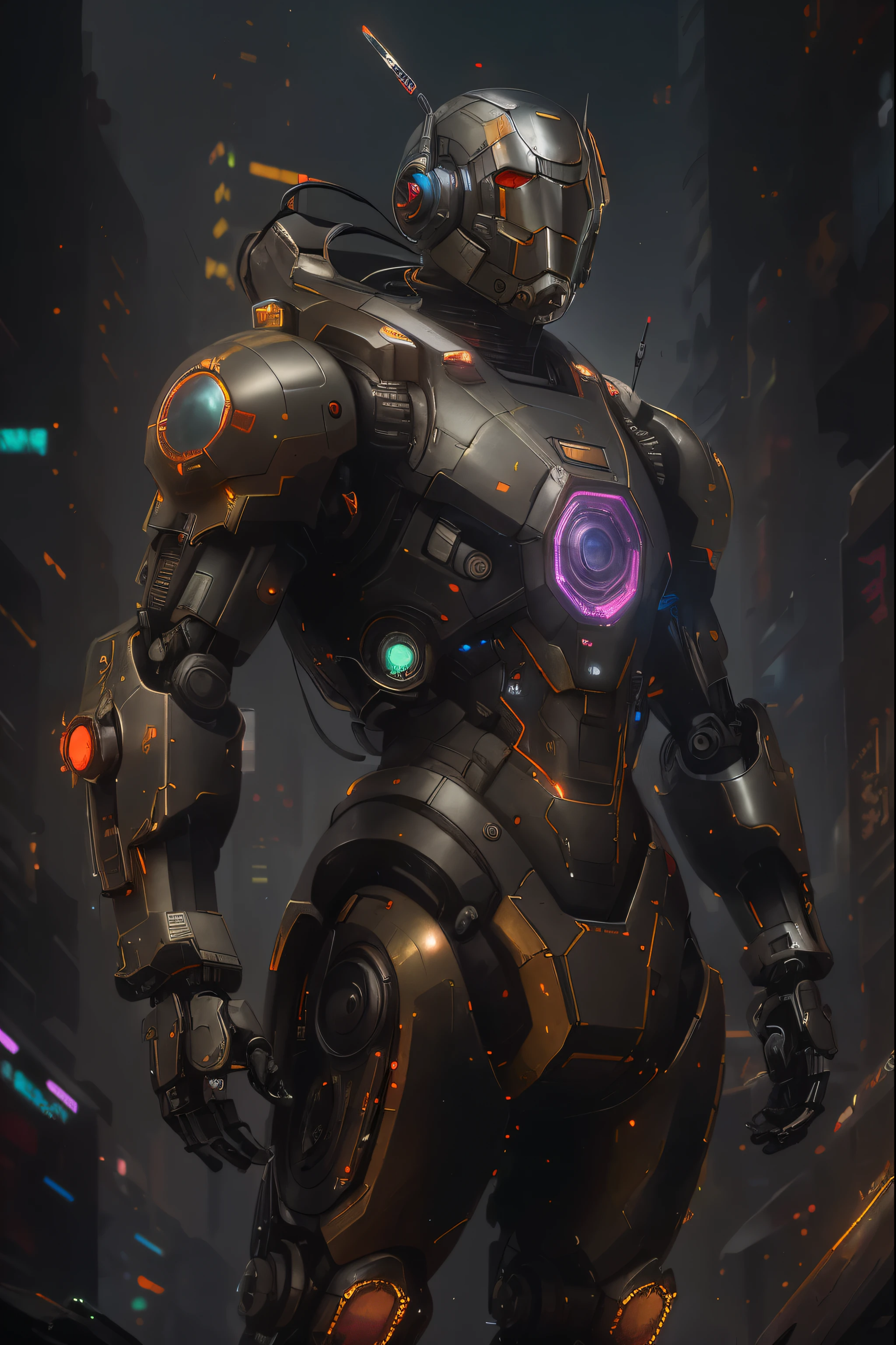 there is a robot that is standing in the street, deep cyberpunk mechanoid, cyberpunk ant man, painterly humanoid mecha, cyberpunk mechanoid, wojtek fus, advanced digital cyberpunk art, beautiful robot character design, 4k highly detailed digital art, wlop. scifi, bionic scifi alexandre ferra, high quality digital concept art, cyberpunk robot
