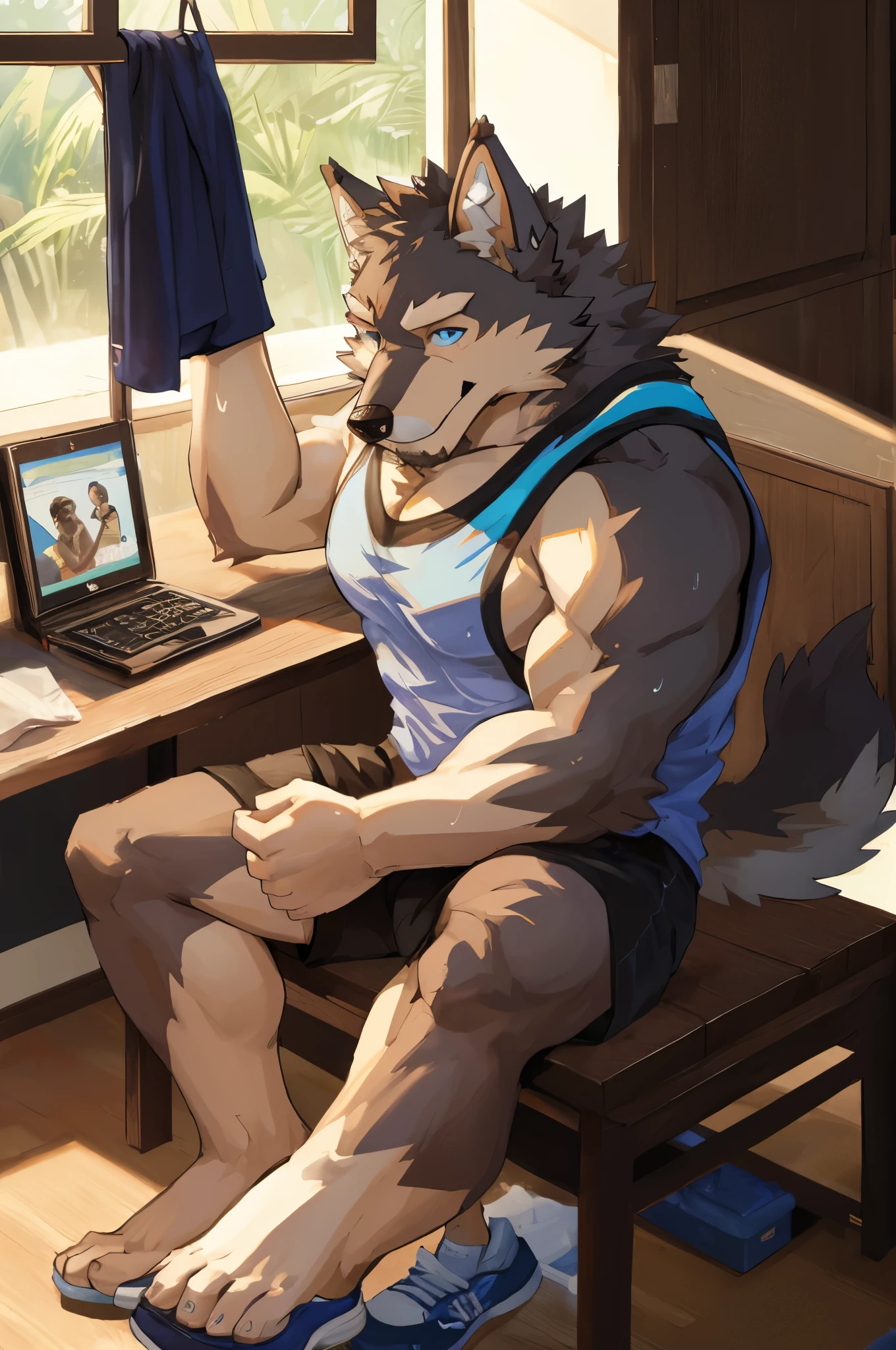 (best quality,highres),a robust blue-eyed gray wolf sitting on a desk, wearing a sports tank top, shorts, and sneakers. The wolf has just finished exercising and is sweating profusely. He takes off one shoe, revealing a dirty white sock covering his huge smelly foot, and blissfully sniffs the odor.