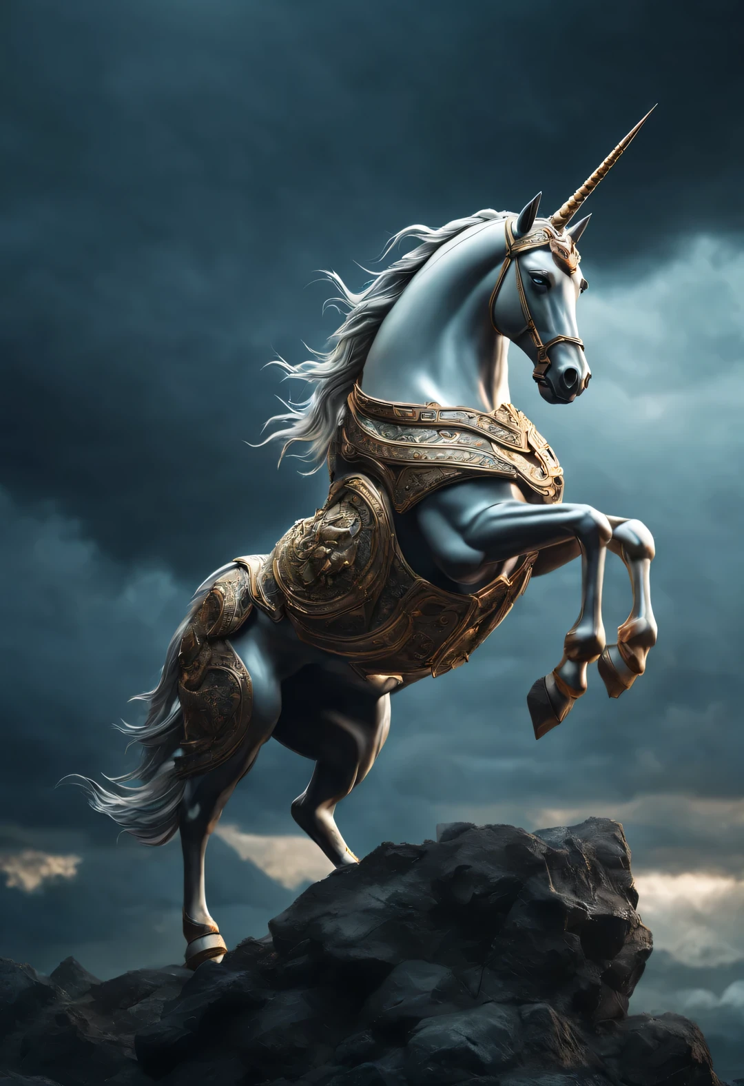 The animal unicorn in ancient Chinese mythology,, epic, evil, mist, glowing eyes, hyper-realistic, intricate details, fantasy环境, Nikon 7500, NIKKOR 50mm lens, F10, Meticulous armor, stormy sky, fantasy, dynamic lighting, Surreal, tone, Very detailed and complex, concept art, Retro color, octane rendering, Unreal Engine, 8k,