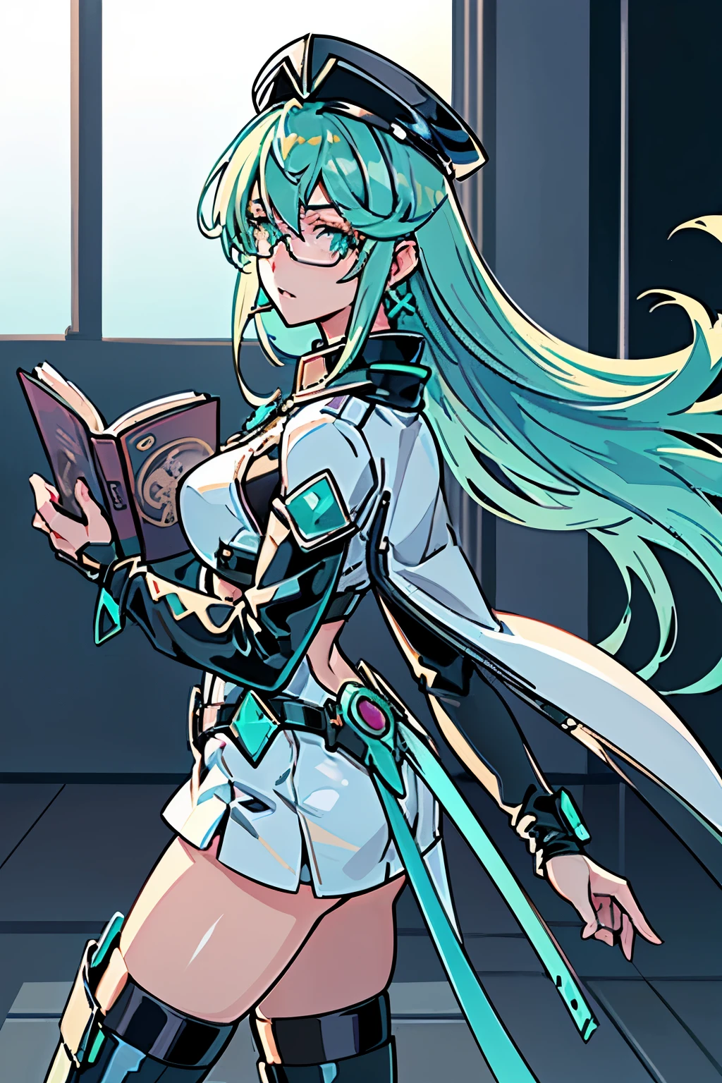 Anime, Girl, (((1girl))), (((Waifu, Xenoblade Chronicles 2, Pneuma Waifu))), (((Seafoam Green Hair, Long Hair))), ((Seafoam Green Eyes eyes:1.3, Upturned Eyes: 1, Perfect Eyes, Beautiful Detailed Eyes, Gradient eyes: 1, Finely Detailed Beautiful Eyes: 1, Symmetrical Eyes: 1, Big Highlight On Eyes: 1.2)), (((Lustrous Skin: 1.5, Bright Skin: 1.5, Skin Fair, Shiny Skin, Very Shiny Skin, Shiny Body, Plastic Glitter Skin, Exaggerated Shiny Skin, Illuminated Skin))), (Detailed Body, (Detailed Face)), Young, Idol Pose, (Best Quality), ((((Techwear))), (((Nurse Outfit))), (((Thigh-high Heeled Boots))), (((Reading Glasses))), (((Earrings)))), High Resolution, Sharp Focus, Ultra Detailed, Extremely Detailed, Extremely High Quality Artwork, (Realistic, Photorealistic: 1.37), 8k_Wallpaper, (Extremely Detailed CG 8k), (Very Fine 8K CG), ((Hyper Super Ultra Detailed Perfect Piece)), (((Flawlessmasterpiece))), Illustration, Vibrant Colors, (Intricate), High Contrast, Selective Lighting, Double Exposure, HDR (High Dynamic Range), Post-processing, Background Blur