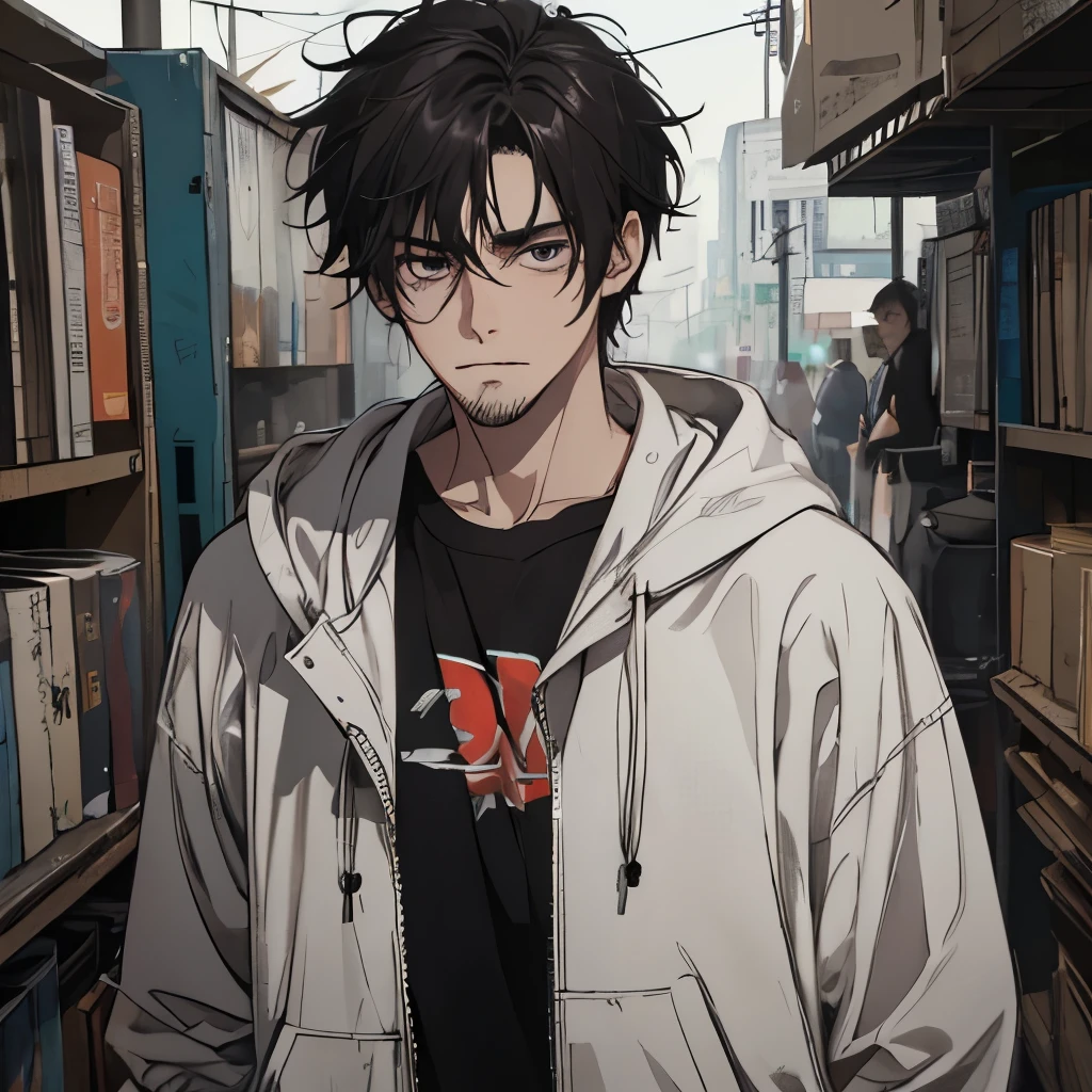 A man, unkempt, tired, haggard, stubble,bags under the eyes, untidy, disheveled, hoddie, black hair, stubble, pale