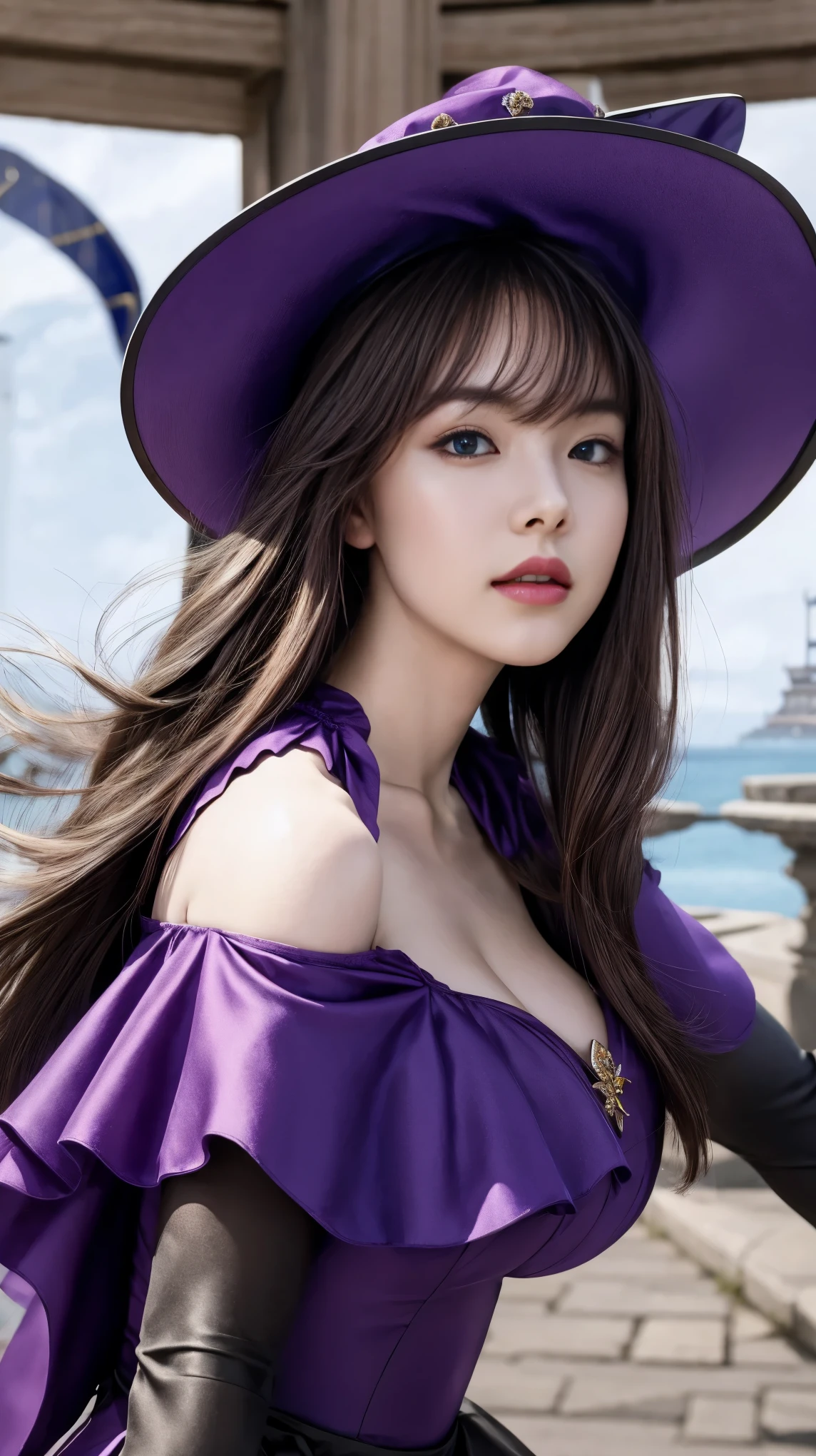 a beautiful girl, perfect face, arms at sides, masterpiece, ultra high res, high quality, 4k, upper body:1.5,  lisa (genshin impact), urple witch hat, green eyes, brown hair, (PureErosFace_V1:0.008), (european:1.6), bangs, dress, rose, jewelry, witch, capelet, purple headwear, black gloves, purple flower, hair between eyes, purple rose, parted lips, purple capelet, hat flower, multicolored dress, hair ornament,  windmill, from side, big breasts and slender body 