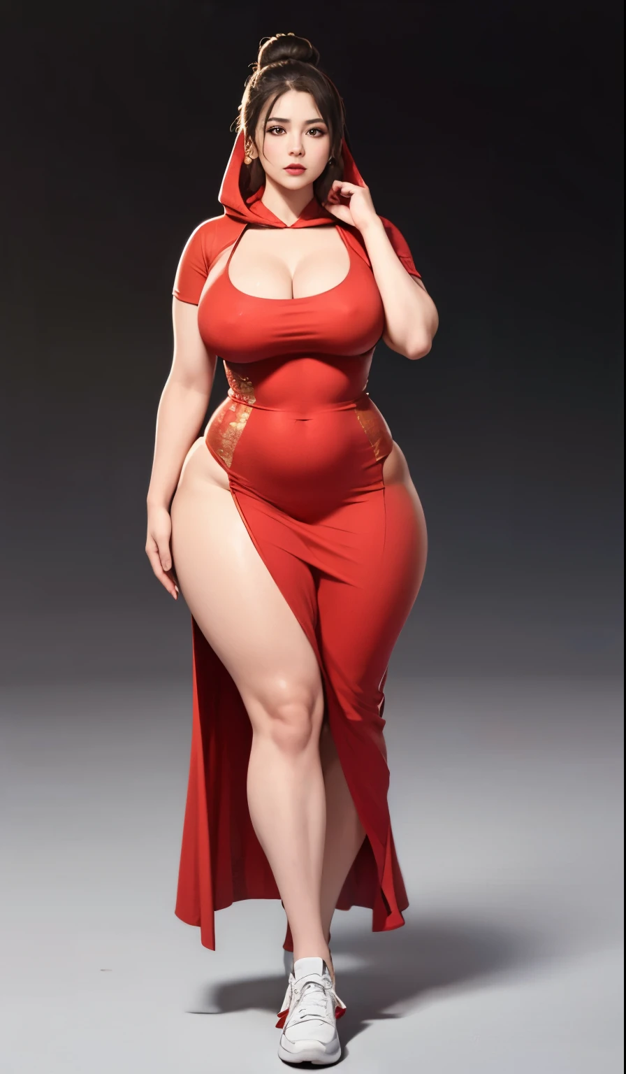 ((best quality)), ((masterpiece)), (detailed), perfect face, Beautiful, mother-in-law, asian-Indonesian , voluptuous, Transparent midi dress with hooded , In the black room, seductive expression, chubby body, nice body, milf chubby, chinese-Indonesian. Full body, big arm, wide hips , wearing a sneakers, bob hairstyle, baby face , chubby cheeks, 45 year old, chubby tall woman, chubby thighs 