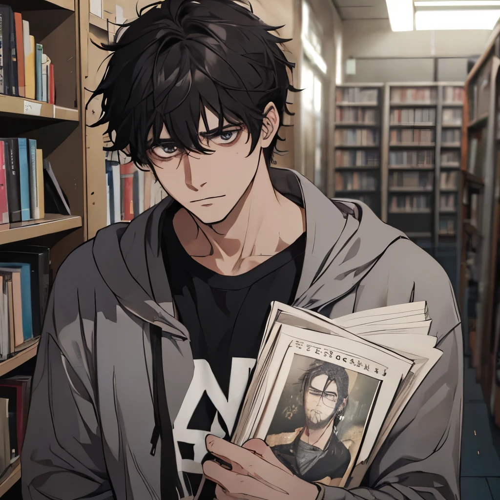 A man, unkempt, tired, haggard, stubble,bags under the eyes, untidy, disheveled, hoddie, black hair, stubble, pale, sick, library