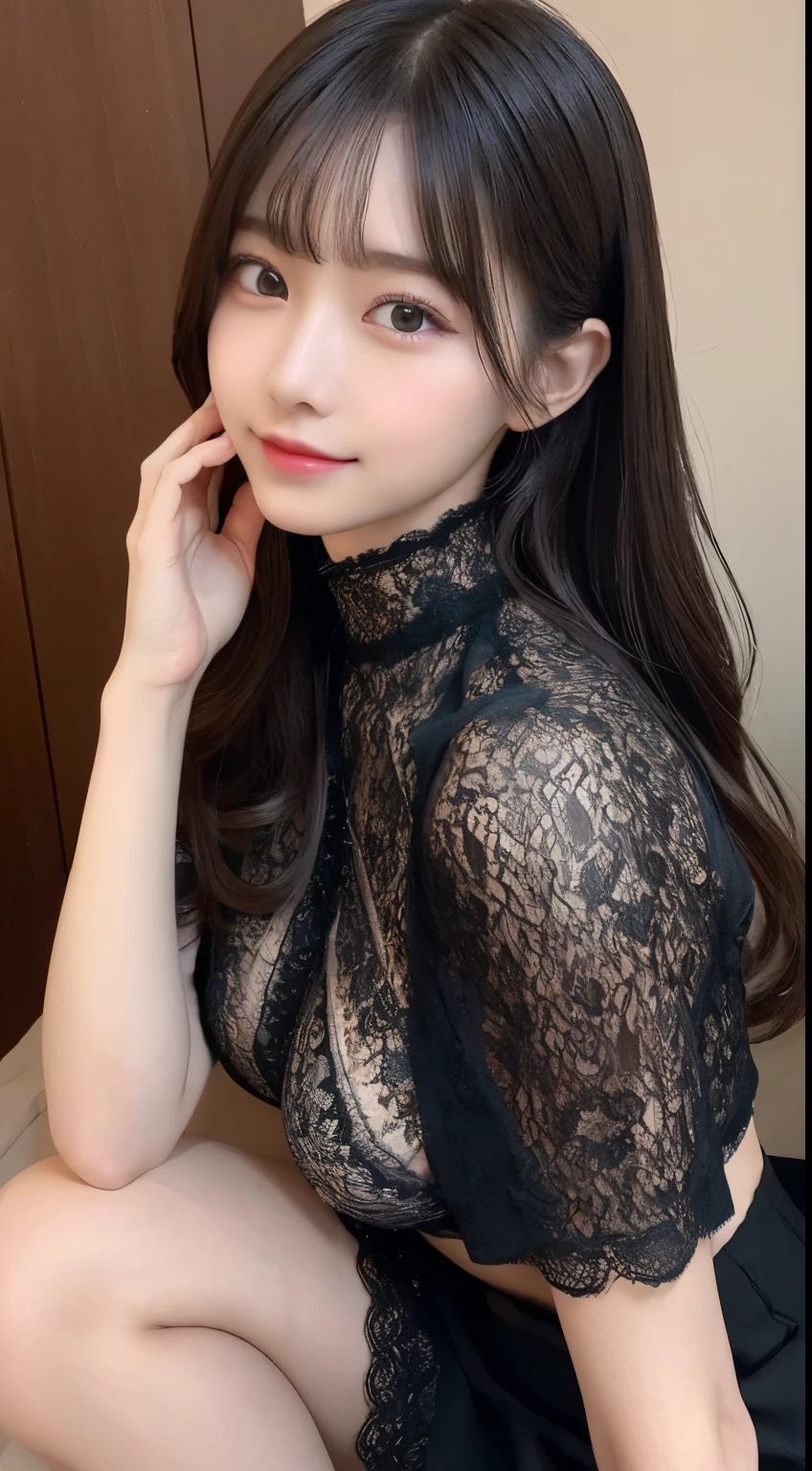 (High neck all lace costume、ample breasts、get sexually excited、Take your legs out of the lace skirt、very thin waist)、（bold sexy pose、,19 years old、no makeup、detailed double eyelids、Perfect and detailed eyes、beautiful big eyes、beautiful and detailed face）、Slim body type、bright look、highest quality、High resolution、Super detailed、caustics、人間の肌にぴったりなHigh resolution16K解像度、 natural skin texture、Skin tone looks even and healthy、Monochrome colored lace、japanese girl、smile、cute、black hair、medium hair、depth of field、chromatic aberration、blur the background、zipper、random hairstyles
