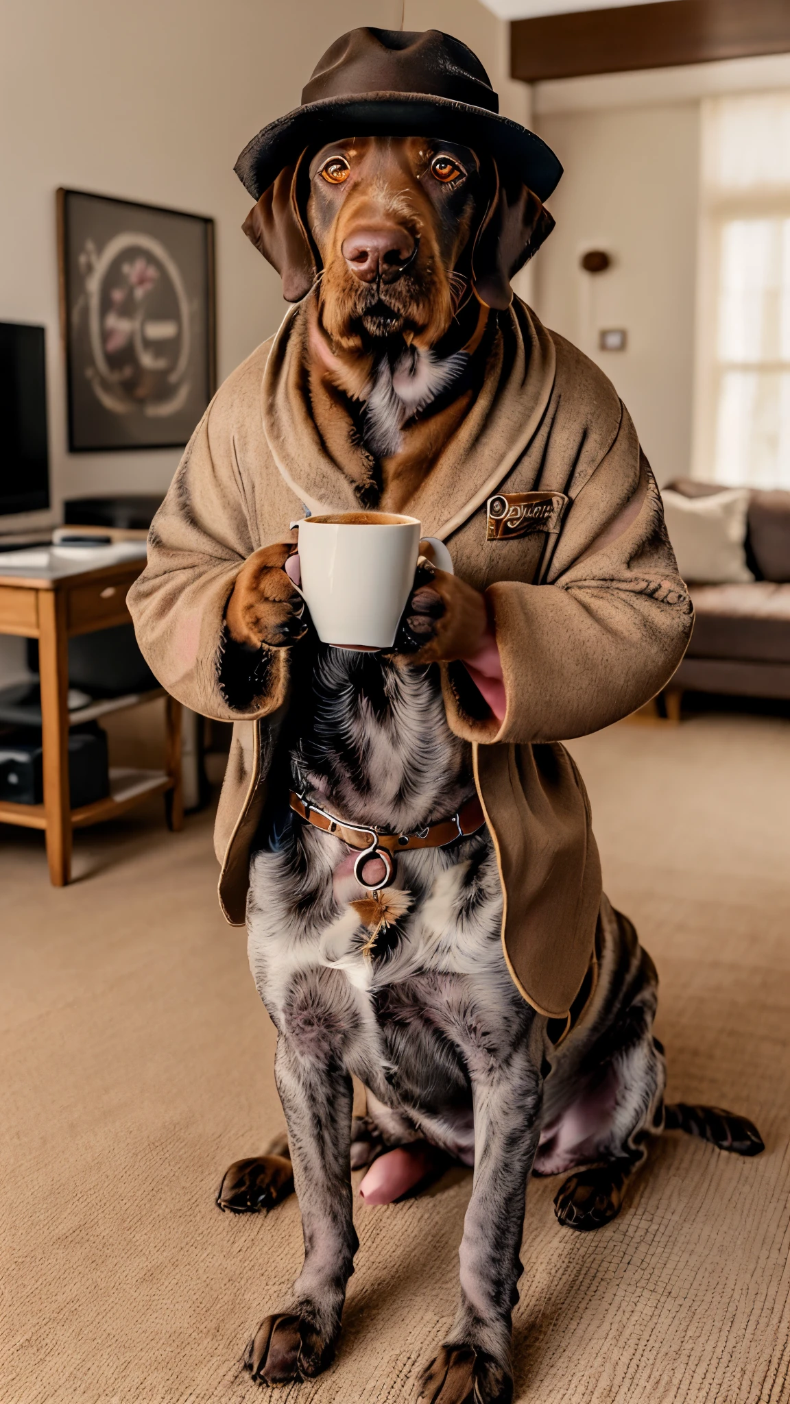 (best quality:1.23), (masterpiece:1.12), (realistic:1.24), (anthropomorphic dog:1.5) holding a coffee cup, Drahthaar sitting, in home dressing gown, eating breakfast and holding a coffee cup, hat, particles, volumetric lighting, room burn down, ground and chair on fire, lots of gadgets and equipment on gown, croissants, (plates, spoons, cutlery), photorealistic, (anthropomorphic Drahthaar dog:1.5)
