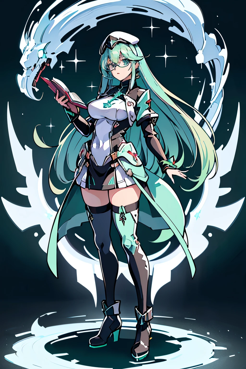 Anime, Girl, (((1girl))), (((Waifu, Xenoblade Chronicles 2, Pneuma Waifu))), (((Seafoam Green Hair, Long Hair))), ((Seafoam Green Eyes eyes:1.3, Upturned Eyes: 1, Perfect Eyes, Beautiful Detailed Eyes, Gradient eyes: 1, Finely Detailed Beautiful Eyes: 1, Symmetrical Eyes: 1, Big Highlight On Eyes: 1.2)), (((Lustrous Skin: 1.5, Bright Skin: 1.5, Skin Fair, Shiny Skin, Very Shiny Skin, Shiny Body, Plastic Glitter Skin, Exaggerated Shiny Skin, Illuminated Skin))), (Detailed Body, (Detailed Face)), Young, Idol Pose, (Best Quality), ((((Techwear))), (((Military Uniform))), (((Military Cap))), (((Military Coat))), (((Thigh-high Heeled Boots))), (((Reading Glasses))), (((Earrings)))) High Resolution, Sharp Focus, Ultra Detailed, Extremely Detailed, Extremely High Quality Artwork, (Realistic, Photorealistic: 1.37), 8k_Wallpaper, (Extremely Detailed CG 8k), (Very Fine 8K CG), ((Hyper Super Ultra Detailed Perfect Piece)), (((Flawlessmasterpiece))), Illustration, Vibrant Colors, (Intricate), High Contrast, Selective Lighting, Double Exposure, HDR (High Dynamic Range), Post-processing, Background Blur