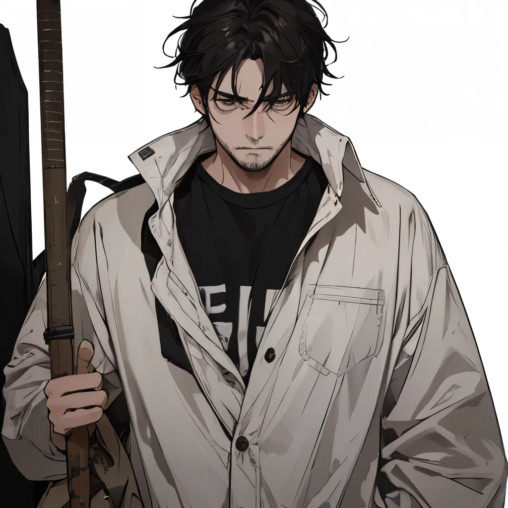 A man, unkempt, tired, haggard, stubble,bags under the eyes, untidy, disheveled, black hair, stubble, pale, sick, white background, shy
