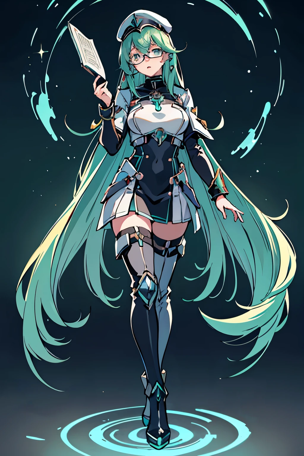 Anime, Girl, (((1girl))), (((Waifu, Xenoblade Chronicles 2, Pneuma Waifu))), (((Seafoam Green Hair, Long Hair))), ((Seafoam Green Eyes eyes:1.3, Upturned Eyes: 1, Perfect Eyes, Beautiful Detailed Eyes, Gradient eyes: 1, Finely Detailed Beautiful Eyes: 1, Symmetrical Eyes: 1, Big Highlight On Eyes: 1.2)), (((Lustrous Skin: 1.5, Bright Skin: 1.5, Skin Fair, Shiny Skin, Very Shiny Skin, Shiny Body, Plastic Glitter Skin, Exaggerated Shiny Skin, Illuminated Skin))), (Detailed Body, (Detailed Face)), Young, Idol Pose, (Best Quality), ((((Techwear))), (((Military Uniform))), (((Military Cap))), (((Military Coat))), (((Thigh-high Heeled Boots))), (((Reading Glasses))), (((Earrings)))) High Resolution, Sharp Focus, Ultra Detailed, Extremely Detailed, Extremely High Quality Artwork, (Realistic, Photorealistic: 1.37), 8k_Wallpaper, (Extremely Detailed CG 8k), (Very Fine 8K CG), ((Hyper Super Ultra Detailed Perfect Piece)), (((Flawlessmasterpiece))), Illustration, Vibrant Colors, (Intricate), High Contrast, Selective Lighting, Double Exposure, HDR (High Dynamic Range), Post-processing, Background Blur