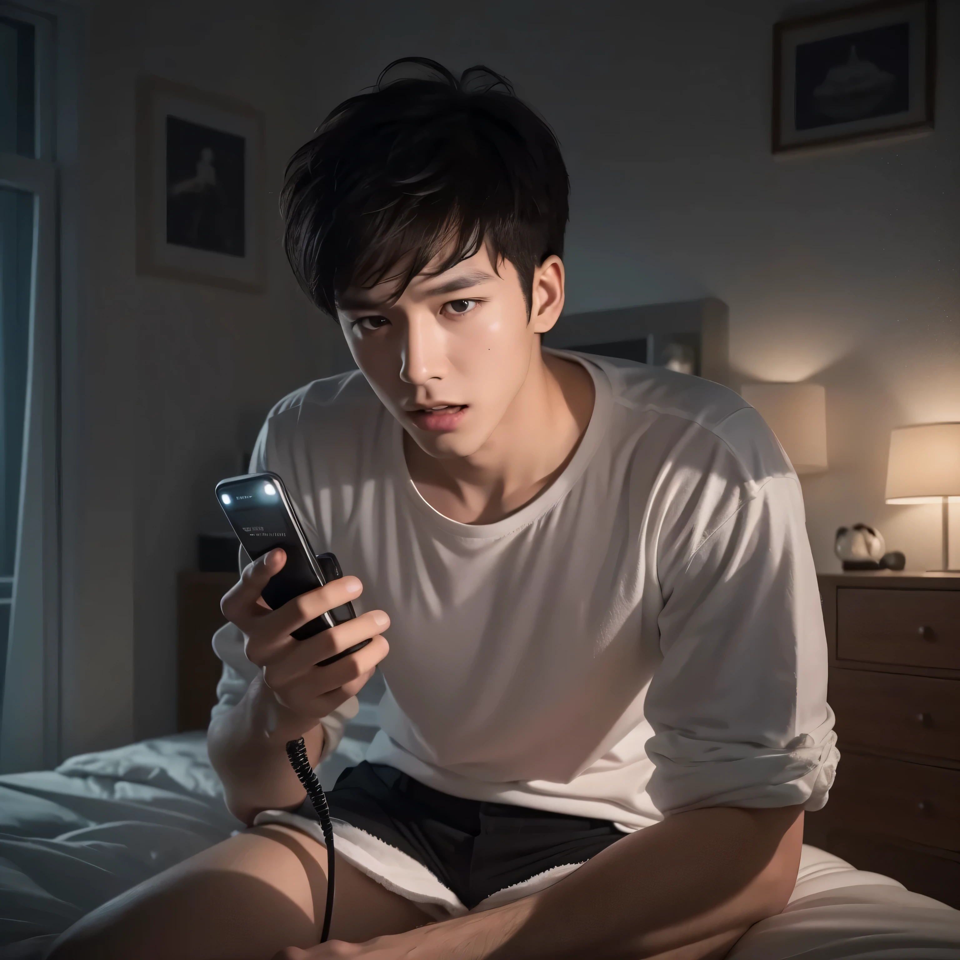 Surreal image of a 25 year old man, black short hair, Wearing a simple white shirt and black shorts, Passionate expressions, Hand holding a highly detailed cordless phone in bedroom at night