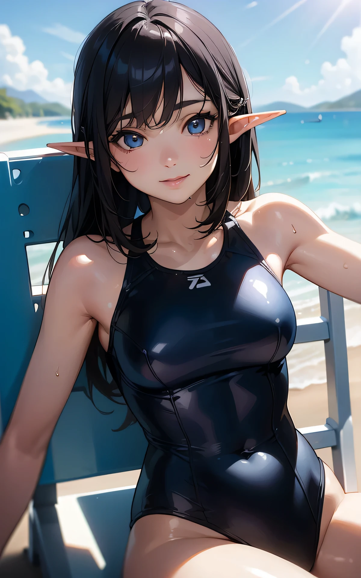 absurderes:2.0、(( sit on beach chair)), blue sky Beach, realistic, Unity 8K Wallpaper, Masterpiece, Realistic face, Realistic skin feeling ,detailed hair, highly detailed, realistic glistening skin, detailed background, oily skin, (high-key lighting、Front Light:1.3、 dramatic angle), (solo, ???? ,25 year old elf、blue swim race suit:1.5、), glossy lip, seductive smile

