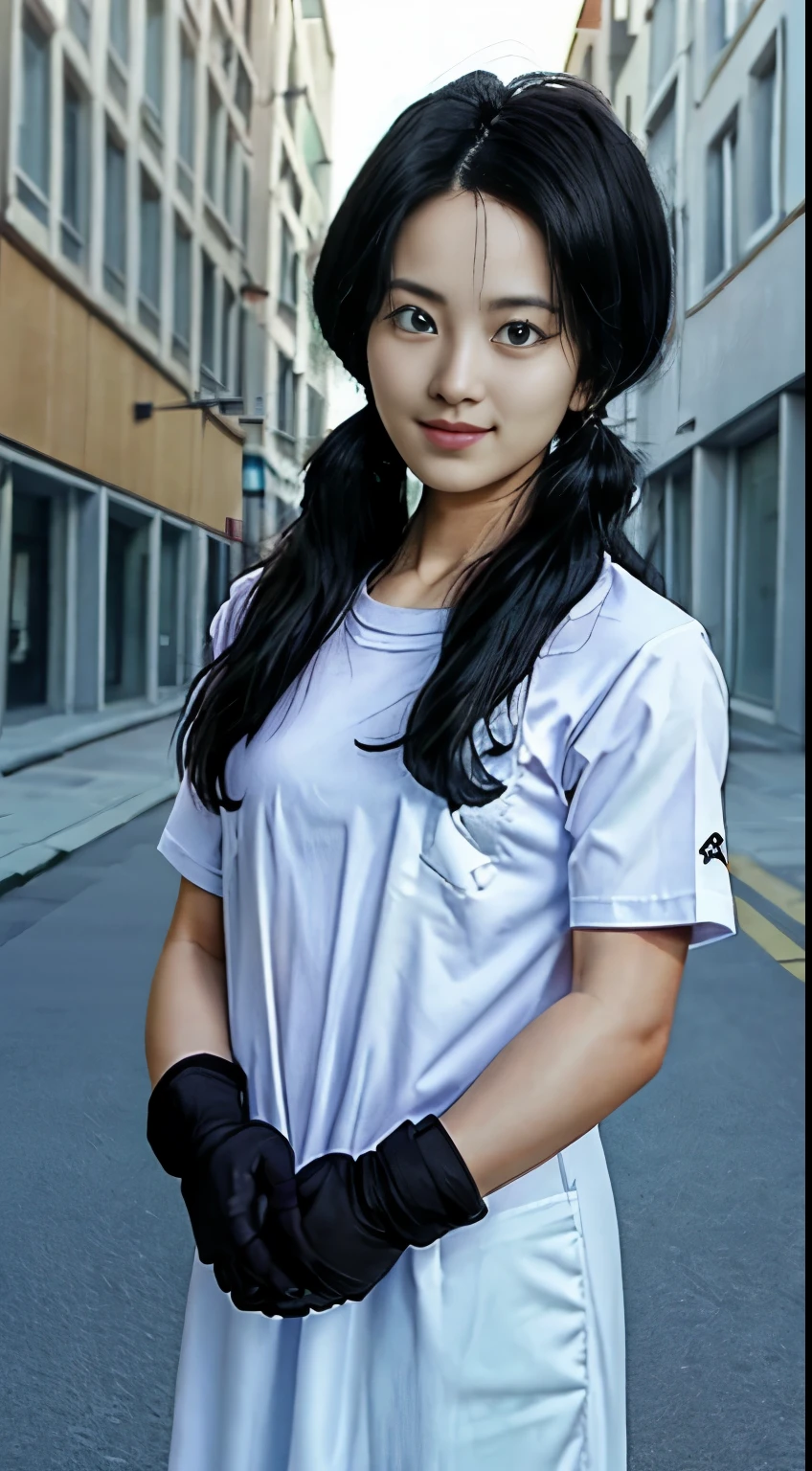 ((masutepiece:1.4, Best Quality)), ((masutepiece, Best Quality,8K)), (photographrealistic:1.4), (Female, Medium chest, Smile, 年轻, saw, Black hair, Twin-tailed, White T-shirt, gloves ), (Urban towns, Downtown), Professional Lighting, Physically-based rendering