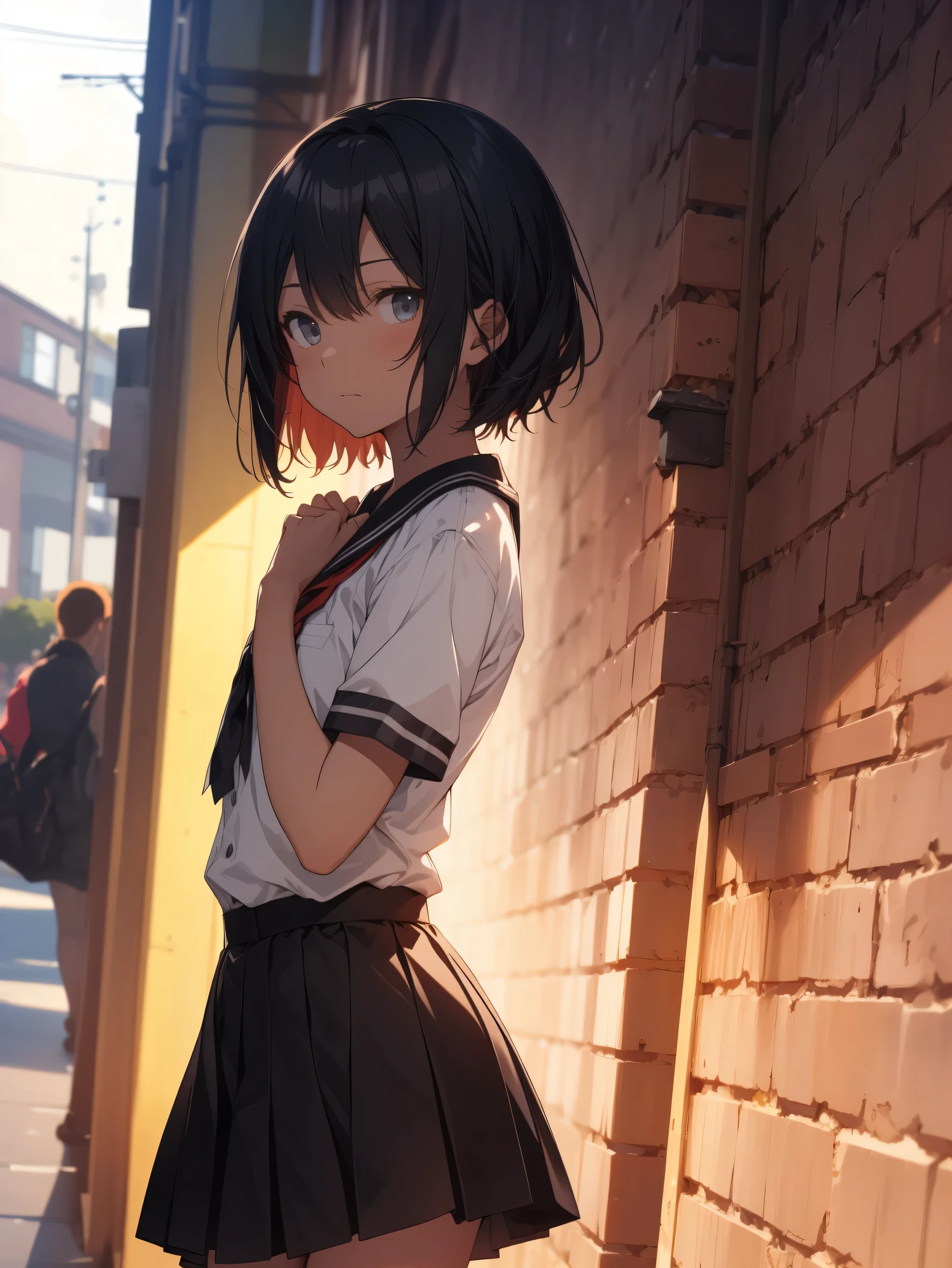 Super high quality by the art god, super detailed, High resolution, AI generated, anime moe art style, best anime 8K konachan wallpaper, pixiv contest winner, perfect anatomy, break,(眠そうにalone学校へ行く女の子を描いてください. ),break, 1 girl, (alone,lolita, , 13 years old:1.3),All limbs, full finger,, androgynous charm, (very short hair), messy hair, flat chest, Because I'm slender, small ass, between legs, Small black eyes, beautiful and fine eyes, Well-proportioned iris and pupils, expressive eyes,disgusted eyes, High resolutionの詳細な髪, wearing school uniform, (skirt),(detailed lighting), (detailed background), On the way to school. break,super dense skin, Best lighting by famous artists, 8K, figure,UHD, rough skin