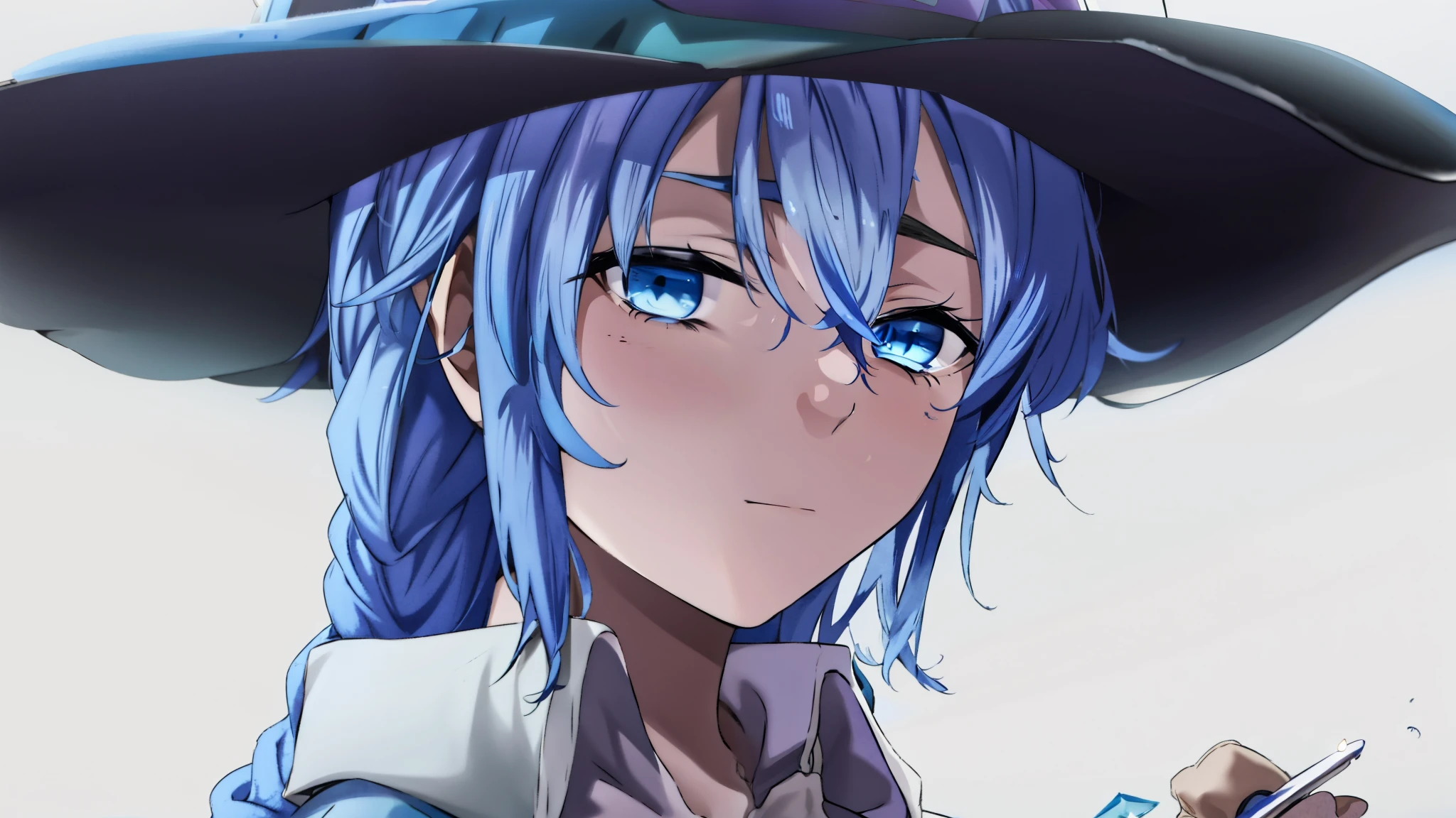 anime girl with blue hair wearing a black hat and holding a cell phone, 2 d anime style, from touhou, an anime portrait of cirno, anime moe artstyle, 2 d anime, sad cerulean eyes, made with anime painter studio, cirno touhou, [[[[grinning evily]]]], touhou character