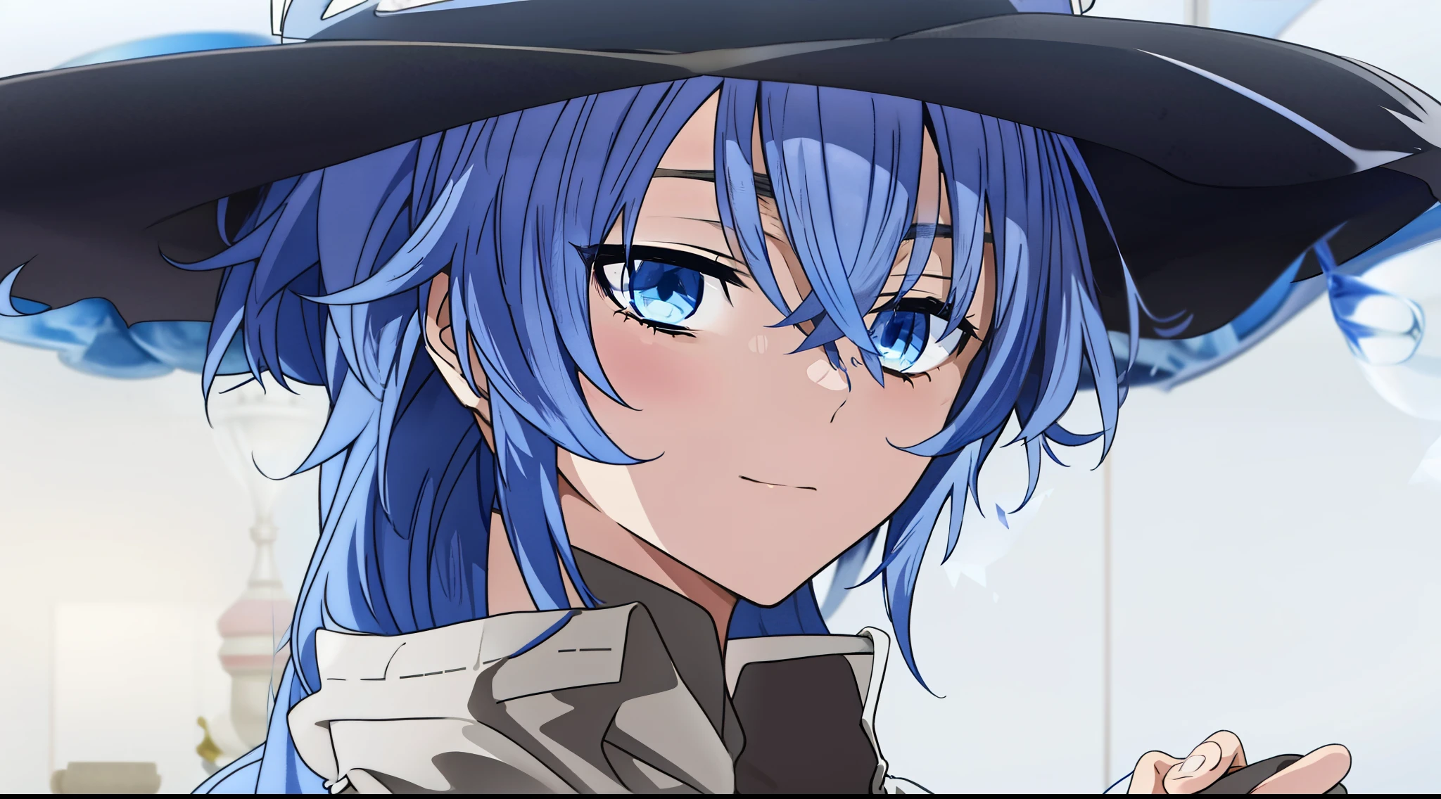 anime girl with blue hair wearing a black hat and holding a cell phone, 2 d anime style, from touhou, an anime portrait of cirno, anime moe artstyle, 2 d anime, sad cerulean eyes, made with anime painter studio, cirno touhou, [[[[grinning evily]]]], touhou character, ((4k)), (((masterpiece)))
