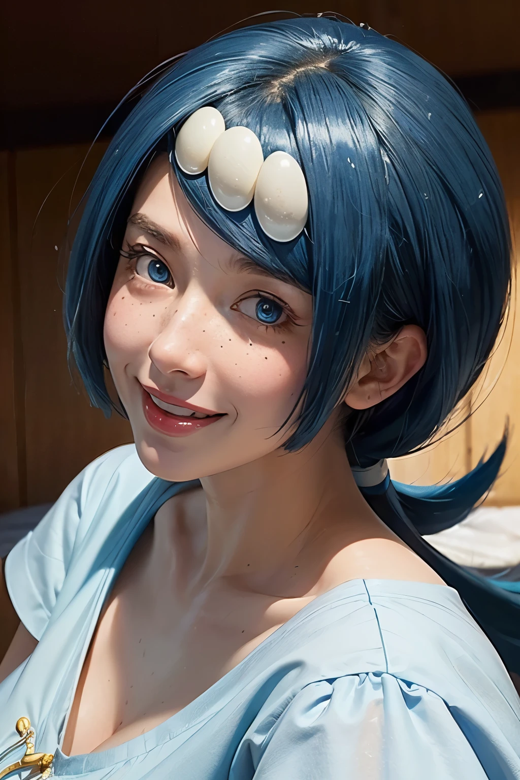 (best quality), (masterpiece), detailed, depth of field, perfect lighting, 1girl, mature female, blue eyes, blue hair, low ponytail, hair ornament, (best quality), (masterpiece), detailed, depth of field, short sleeves, white shirt, blue skirt, upper body, freckles, huge breasts, smile