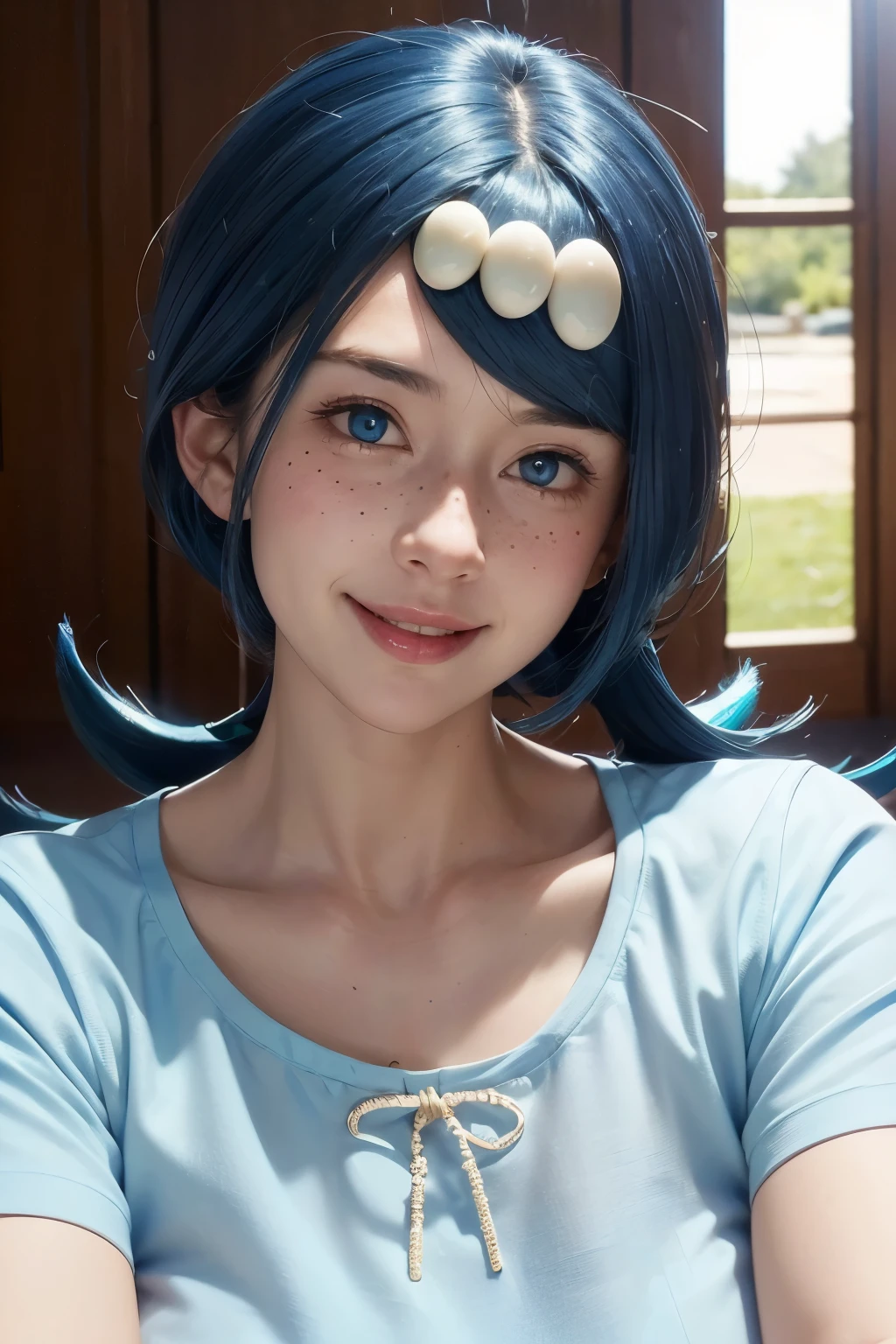 (best quality), (masterpiece), detailed, depth of field, perfect lighting, 1girl, mature female, blue eyes, blue hair, low ponytail, hair ornament, (best quality), (masterpiece), detailed, depth of field, short sleeves, white shirt, blue skirt, upper body, freckles, huge breasts, smile