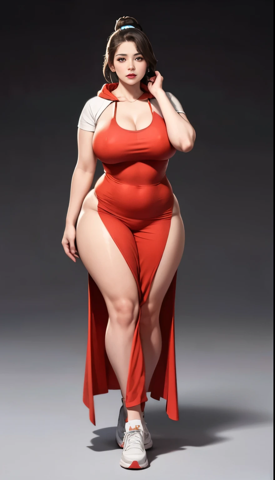 ((best quality)), ((masterpiece)), (detailed), perfect face, Beautiful, mother-in-law, asian-Indonesian , voluptuous, Transparent midi dress with hooded , In the black room, seductive expression, chubby body, nice body, milf chubby, chinese-Indonesian. Full body, big arm, wide hips , wearing a sneakers, bob hairstyle, , chubby cheeks, 45 year old, chubby tall woman, chubby thighs