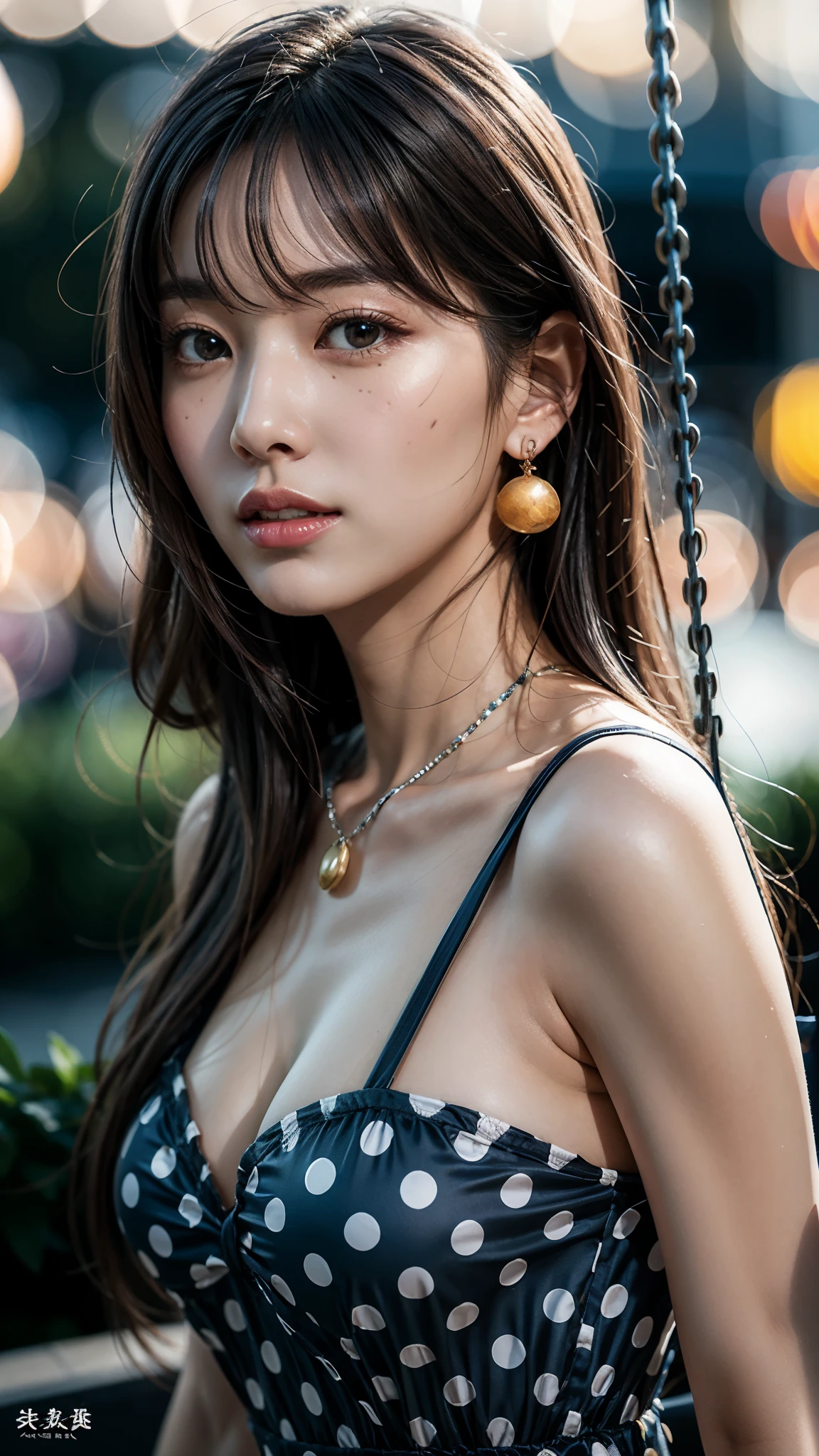 (realistic, photo-realistic:1.37), (masterpiece), (best quality:1.4), (ultra high res:1.2),(RAW photo:1.2), (sharp focus:1.3), (face focus:1.2), vibrant details, hyperrealistic, elegant,
kawaii,cute,
(1 woman, solo),
french twist, bangs
amethyst hair,
azure eyes,drooping eyes,
longeyelashes,eyeshadow,eyeliner,earrings,
(smile),
((Clothes: A polka dot swing dress with a sweetheart neckline.):1.37),
BREAK
simple background, ((night,bokeh):1.37),露出乳房，全身显示，全身显示，巨大的胸部、露出乳房，全身显示，全身显示，巨大的胸部、

