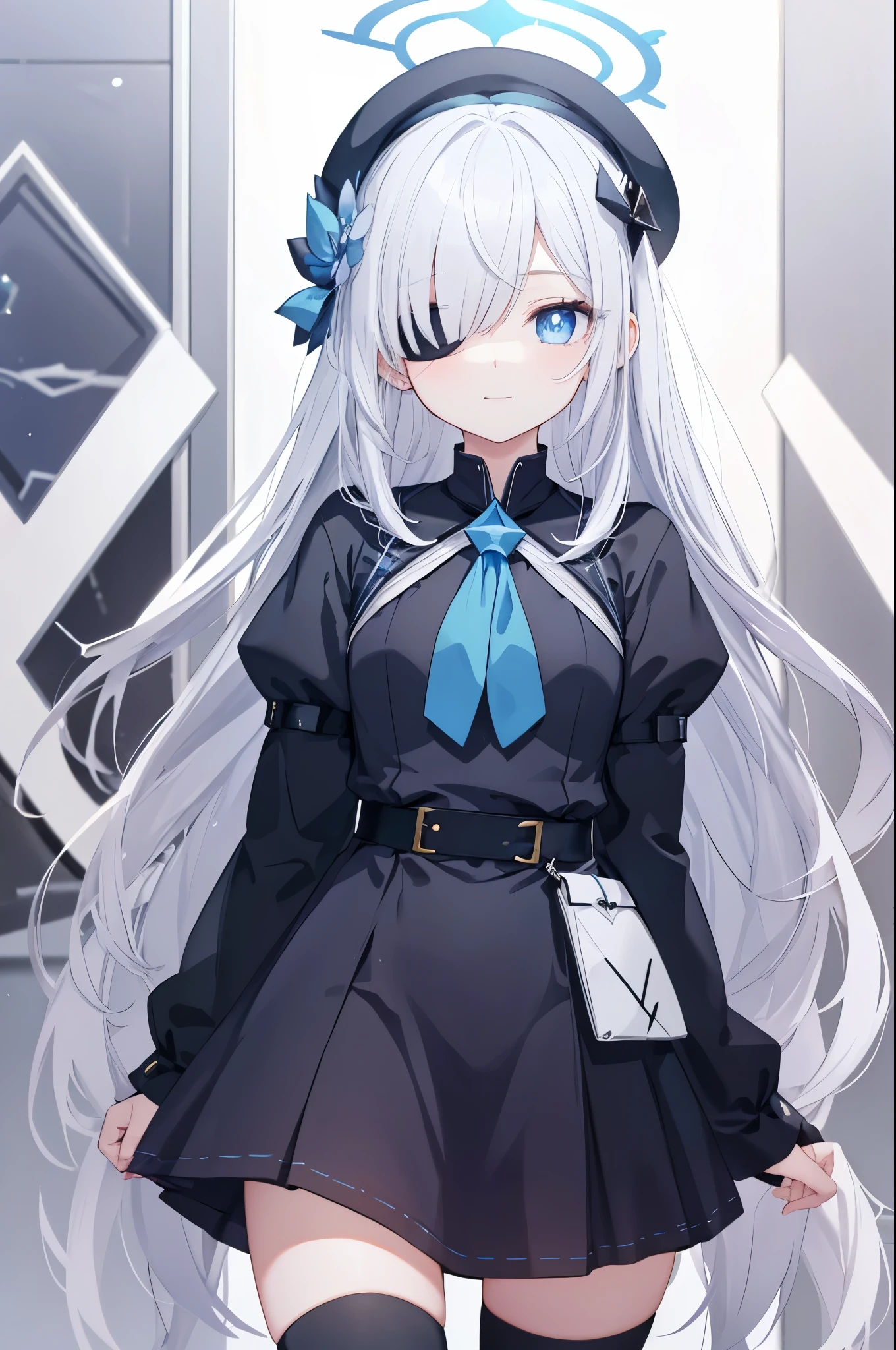 a human girl，Petite and cute loli figure，female face，implicit smile expression，long white hair，messy hair，White eye patch covers one eye，blue eyes，There are highlights in the eyes，female hands，novice，Normal fingers，hands behind back，There is a blue halo on the head，The aura is blue，Polyhedral shapes in halo，Black beret on head，Wearing Lolita clothes，Wearing black high boots，Sleeves are cuffed，masterpiece，Exquisite and exquisite two-dimensional exquisite painting style，Exquisite and delicate，8K high quality，CG wallpaper，HD，Bad milk，solo，tomorrow ark风格，tomorrow ark，There is a blue halo on the head，The aura is blue，Polyhedral shapes in halo，There is a blue halo on the head，The aura is blue，Polyhedral shapes in halo