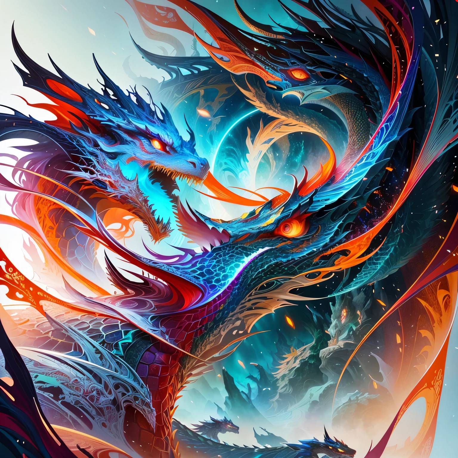 Close-up of the dragon,There is a woman's face on it, Stunning digital illustrations, A beautiful artistic illustration, complex numbers, Beautiful digital artwork, Tristan Eaton, Intricate and colorful masterpiece, Vadim Kashin. Surreal, Beautiful digital illustrations,
