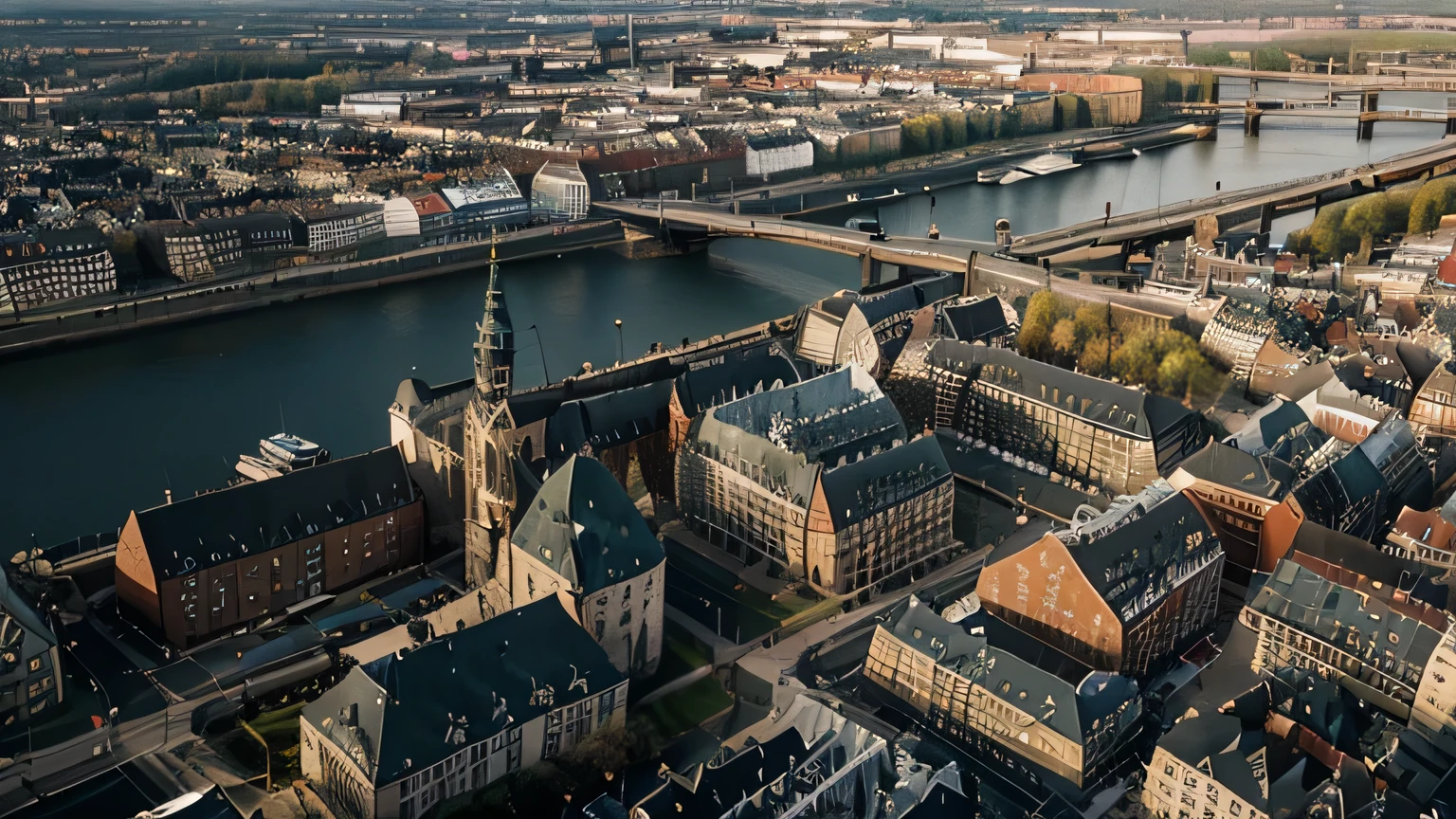Craft a photorealistic aerial photograph of a German city in 1900 using the Nikon D850 or Canon EOS R6 Mark II. Pay meticulous attention to detail, resolution, and HDR to bring historical authenticity to life. Capture the atmosphere of the time with professional-grade realism.
