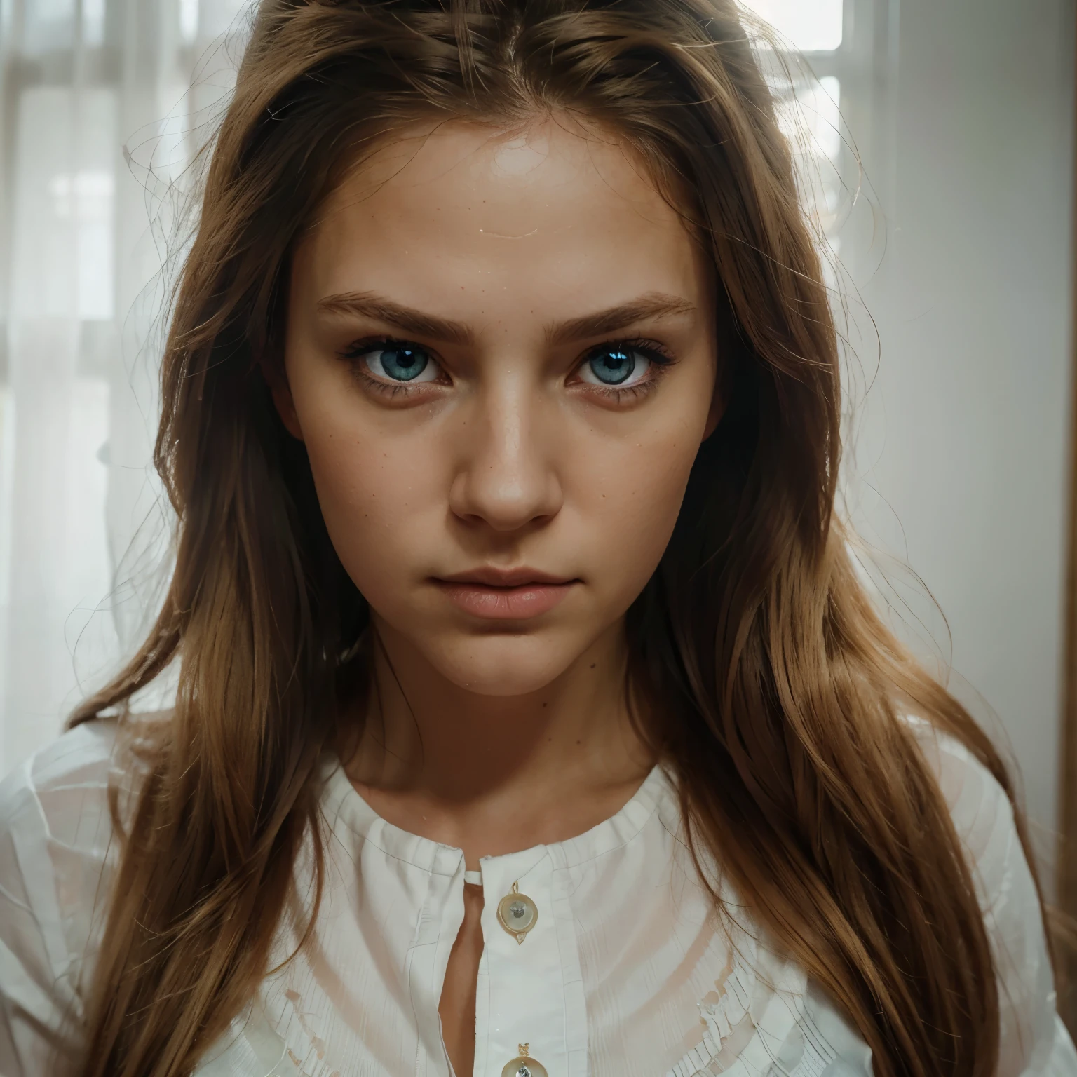 best quality, face focus, soft light, ultra high res, (photorealistic:1.4), RAW photo, 1white girl, solo, cute, (pupil, lights in the eyes), detailed beautiful face,(),(high resolution detail of human skin texture), (long hair), indoor, Damask Shirt Dress, (portrait), Nordic blue eyes, beautiful blonde hair