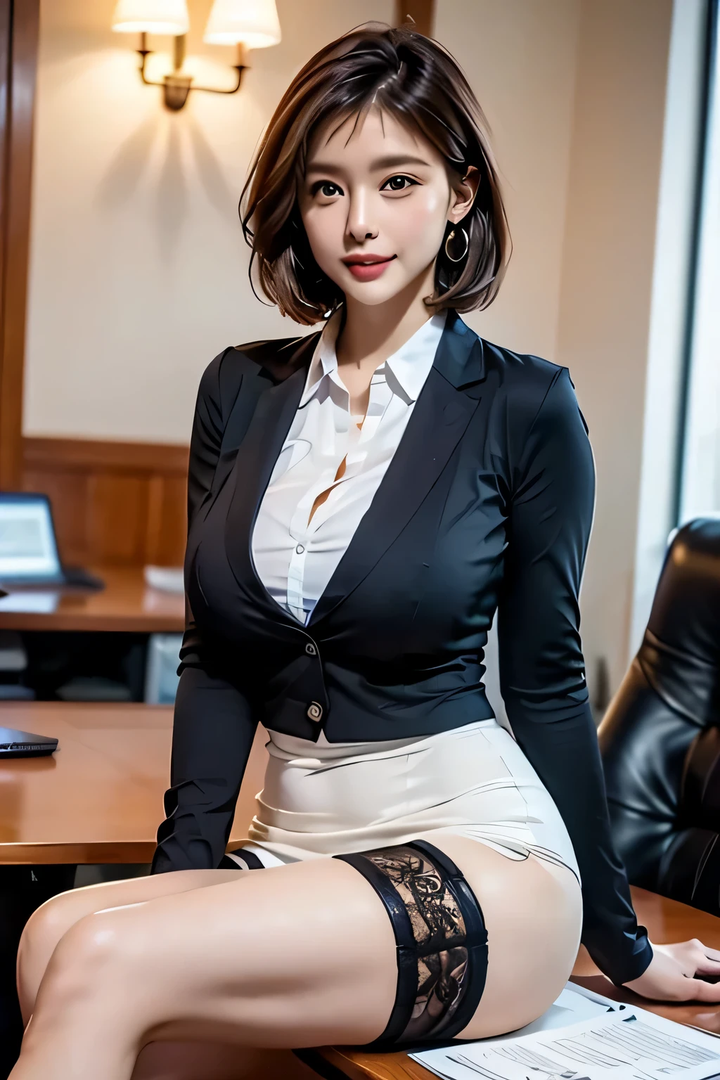 (masterpiece, 最high quality, high quality:1.4), Sit cross-legged at a desk, office, bob hair, lipstick, compensate, ultra detail hair, super detailed face, perfect eyes, perfect face, earrings, (garter belt:1.1), pencil skirt, stockings, business services, high heels, (big breasts:1.1), cleavage, big ass, thighs,