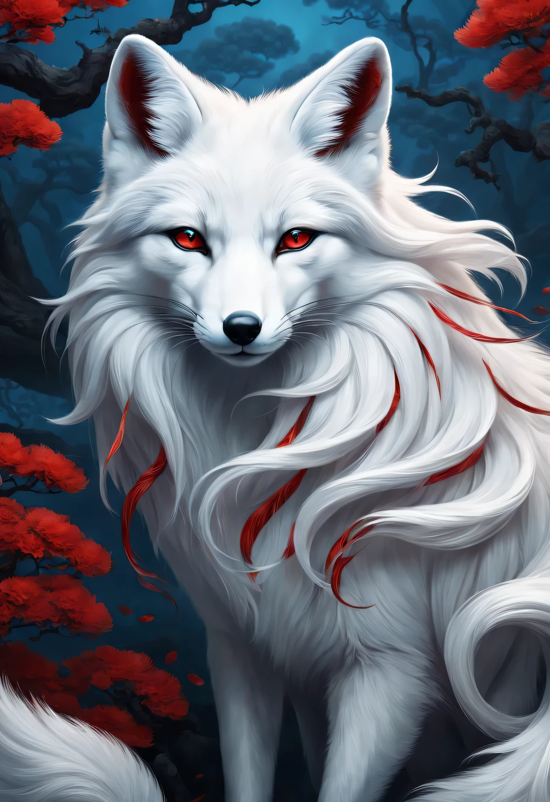 (A white fox with nine red tails in ancient Chinese mythology, Mountain and Sea Sutra), long hair, Mysterious legends, Chinese mythology, Gorgeous and beautiful hair, blue eyes, concept art, illustration, 8k, Smooth, clear focus,