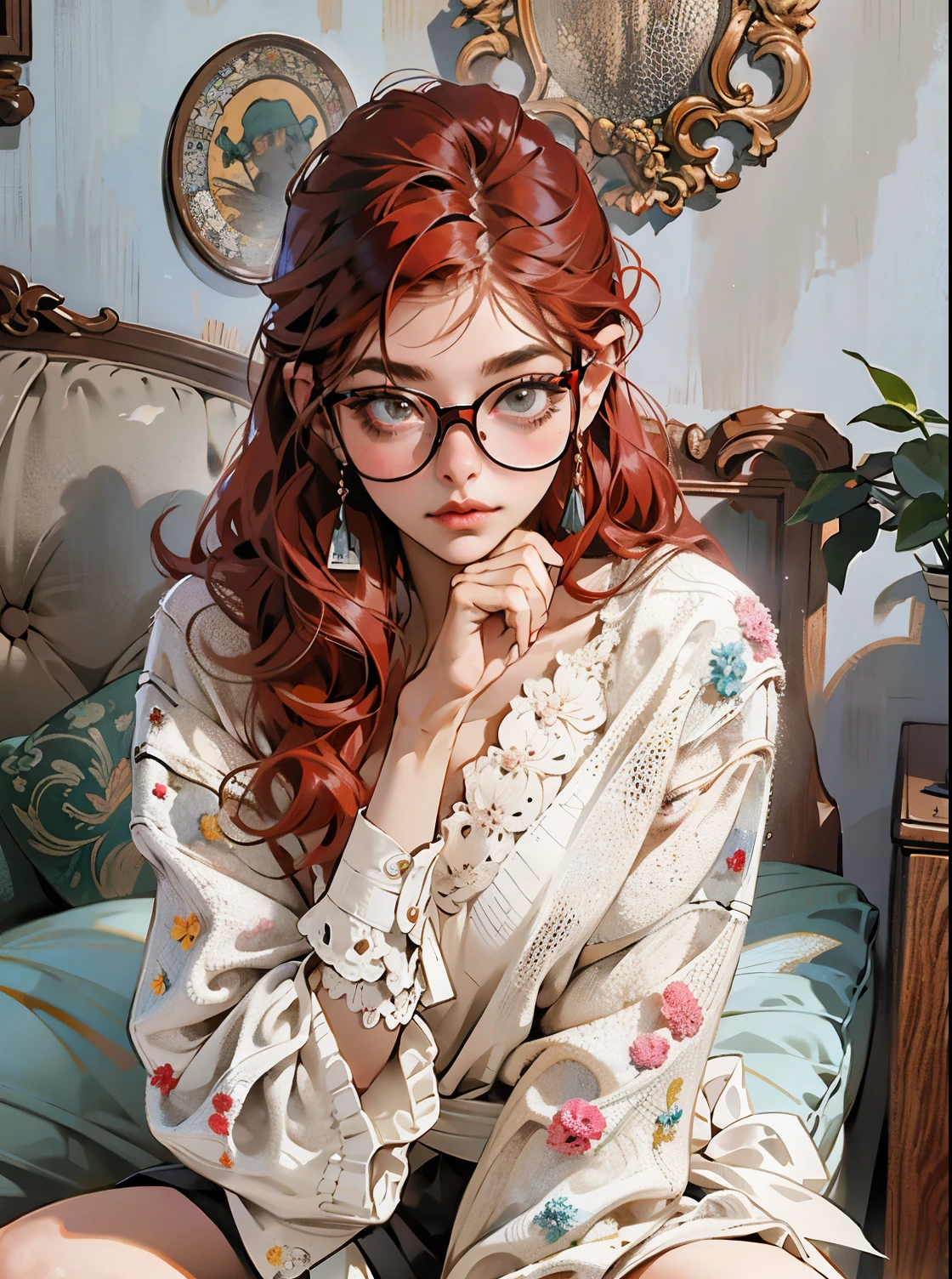 arafed woman wear glasses sitting on a bed in a room, wear glasses, Amaranth, young beautiful Amaranth, wear glasses on, better known as Amaranth, thick glasses, pale skin, Belle Defin, cute young red hair girl, Wearing small round glasses, ivory skin, nerd glasses, red hair girl, Anna Nikonova aka Newmilky