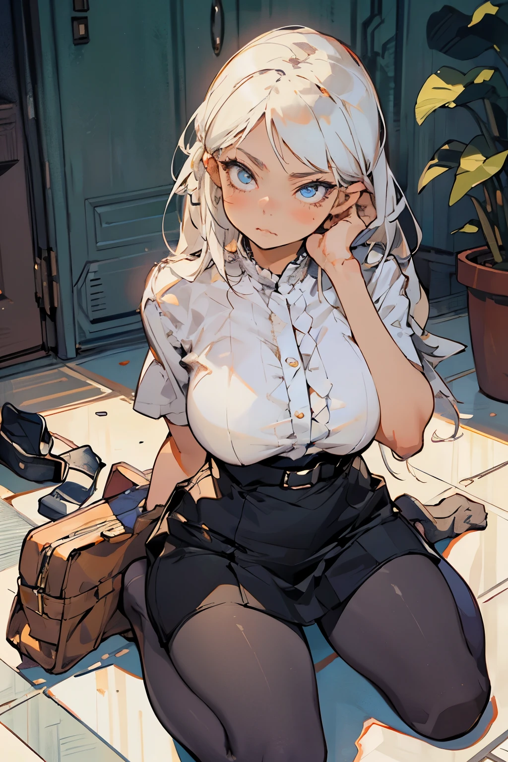 masterpiece, beautiful, 4K, best quality, beautiful face, cute face, big breasts, wide hips, , purse lips, Pouting expression looking up at pantyhose, loose white shirt, split, sit on the floor, kneeling, look up, needy face,